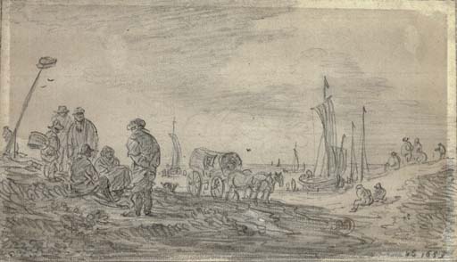 Jan van Goyen — Рыбаки на пляже, за ними видны парусные лодки.