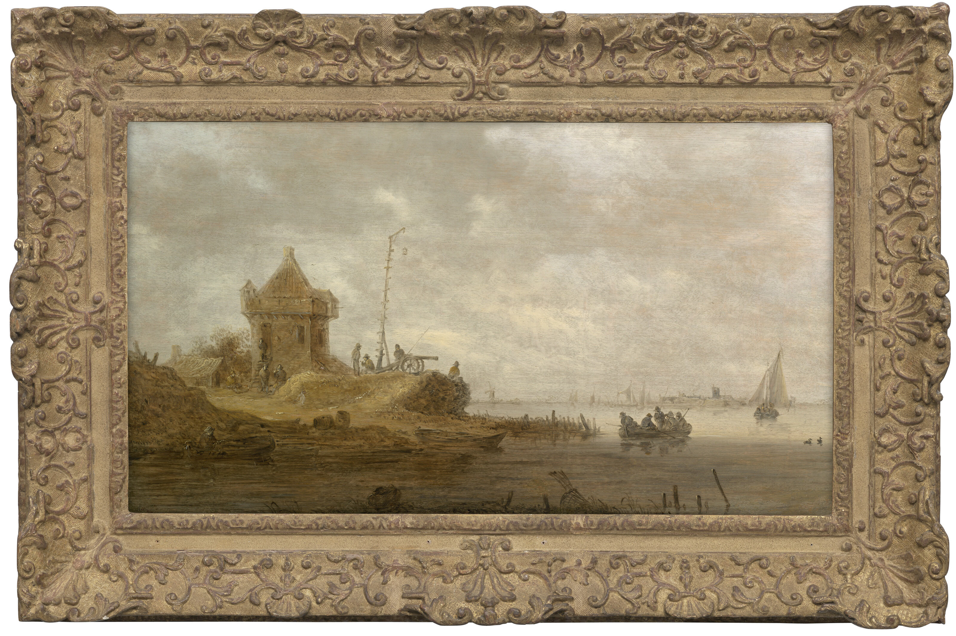Jan van Goyen — Речной пейзаж со сторожевой башней и пушкой на берегу, паромы и парусные суда вдалеке., изображение 2