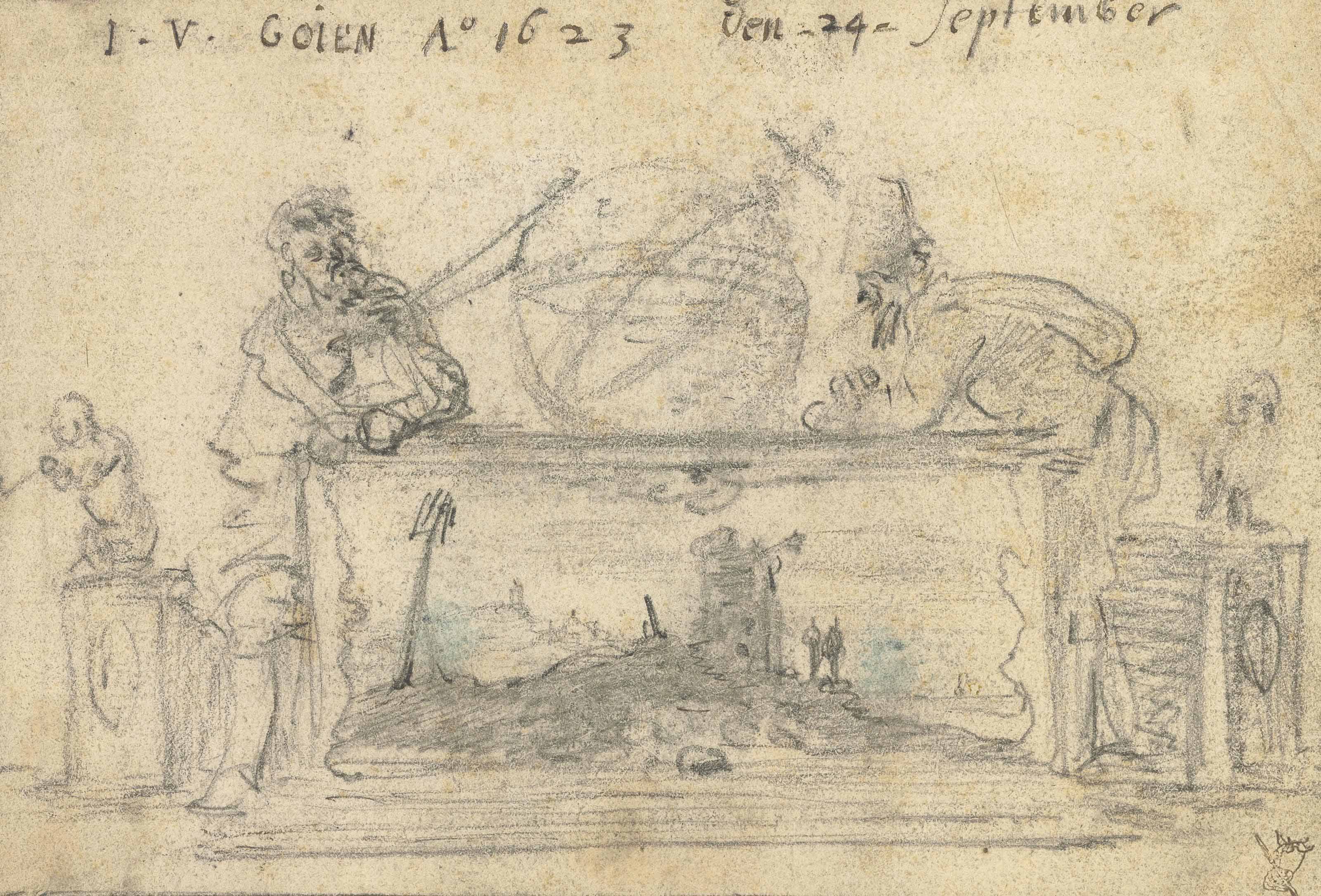 Jan van Goyen — Дизайн титульного листа: Гераклит и Демокрит, склонившиеся над столом с глобусом в окружении совы и обезьяны.