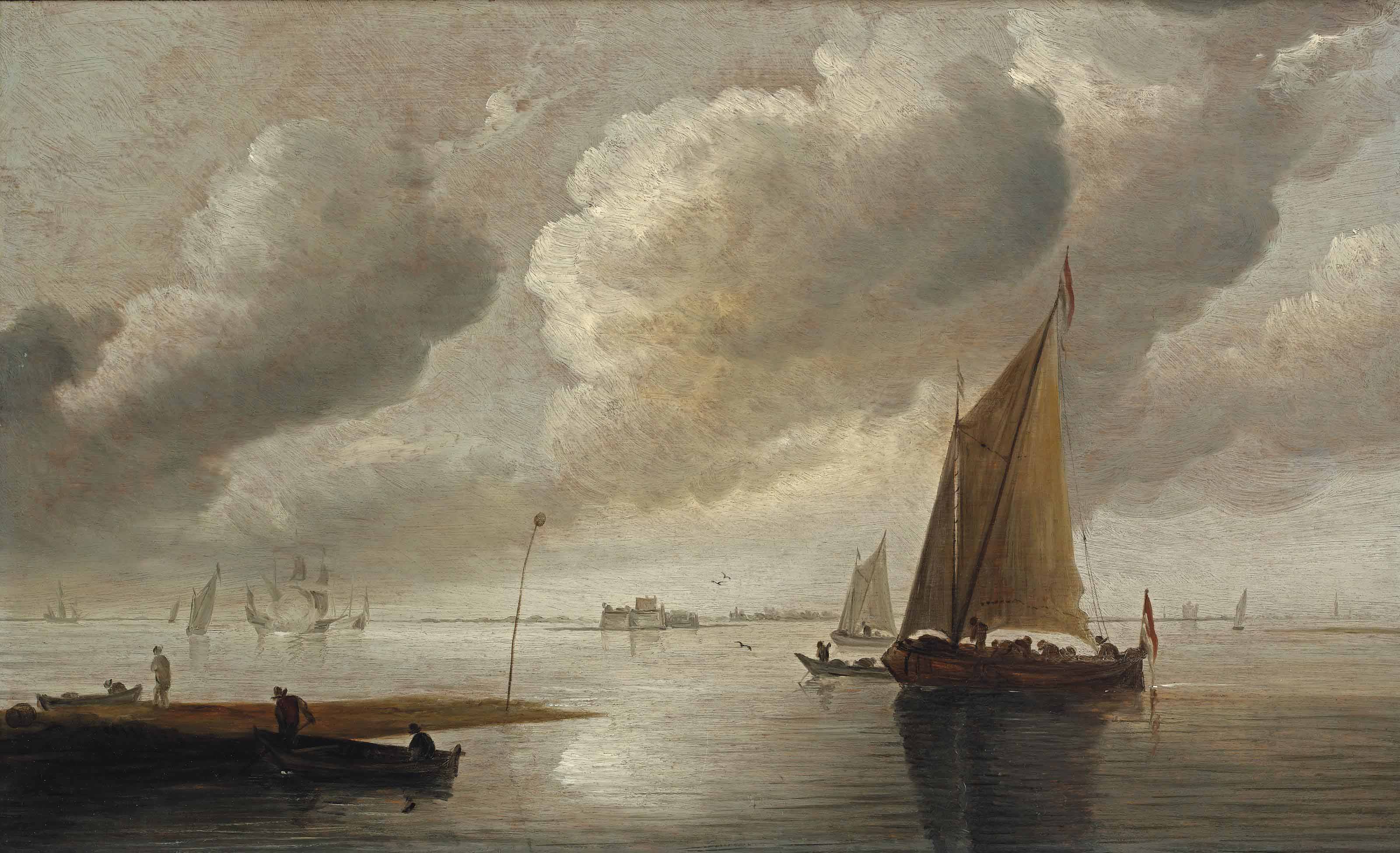 Jan van Goyen — Корабли на спокойной воде, за ними форт Раммекенс, вдалеке военный корабль отдает салют.