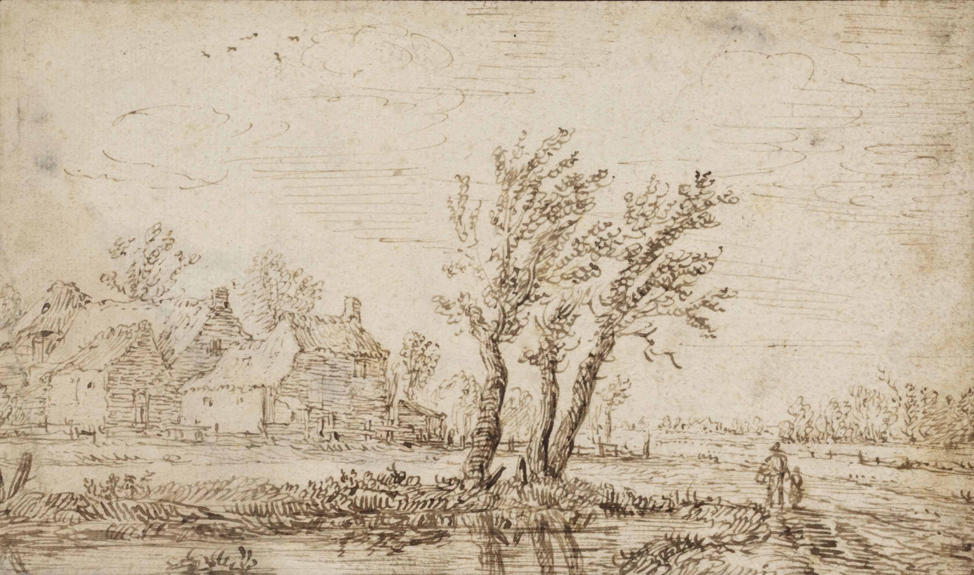 Jan van Goyen — Пейзаж со зданиями и тремя развевающимися на ветру ивами в центре на переднем плане