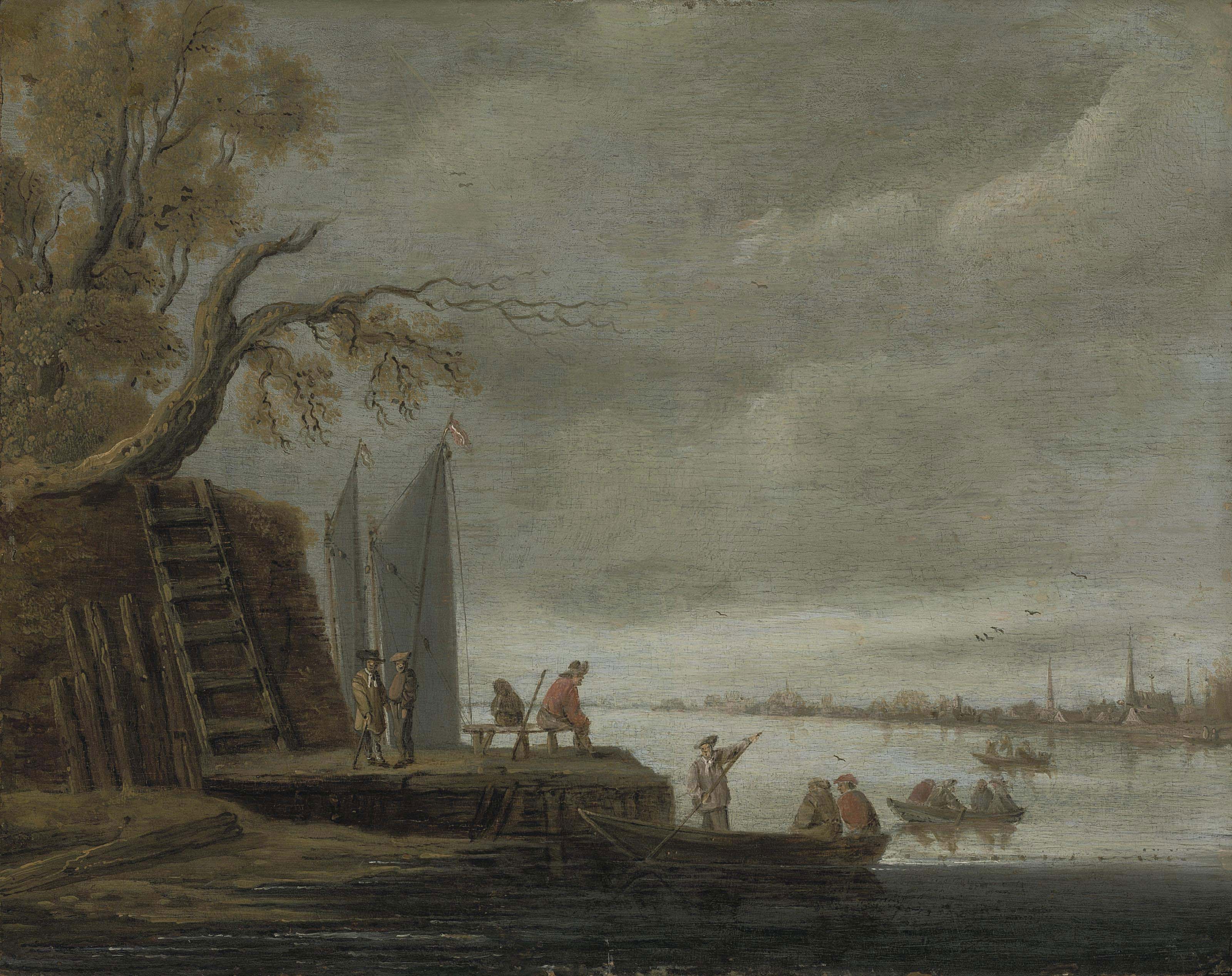 Jan van Goyen — Лесистый речной пейзаж с фигурами на причале и лодками, пересекающими реку, город за ним.