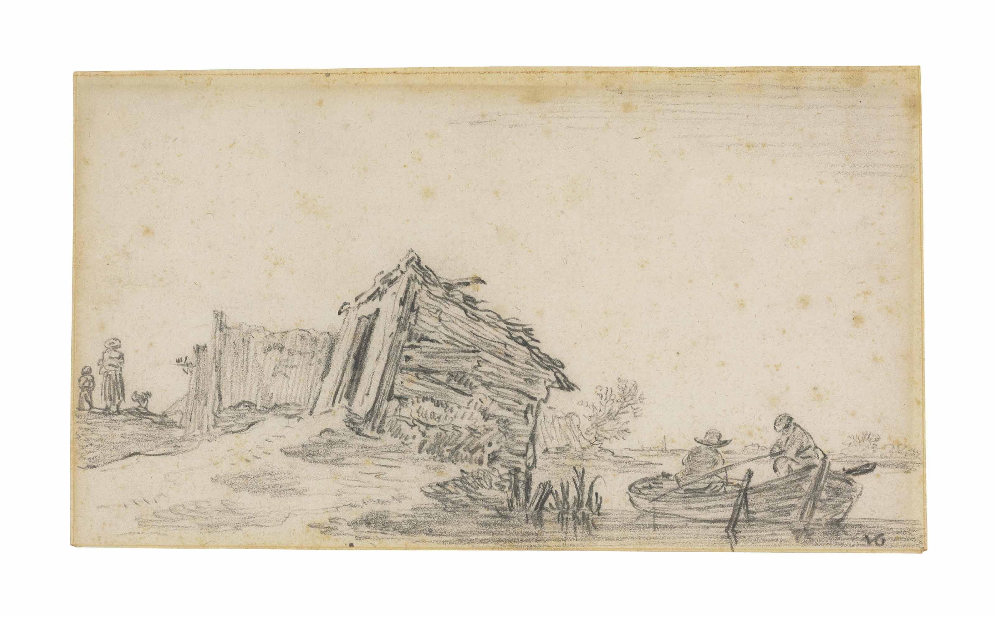 Jan van Goyen — Рыбаки в весельной лодке, покосившаяся лачуга на берегу