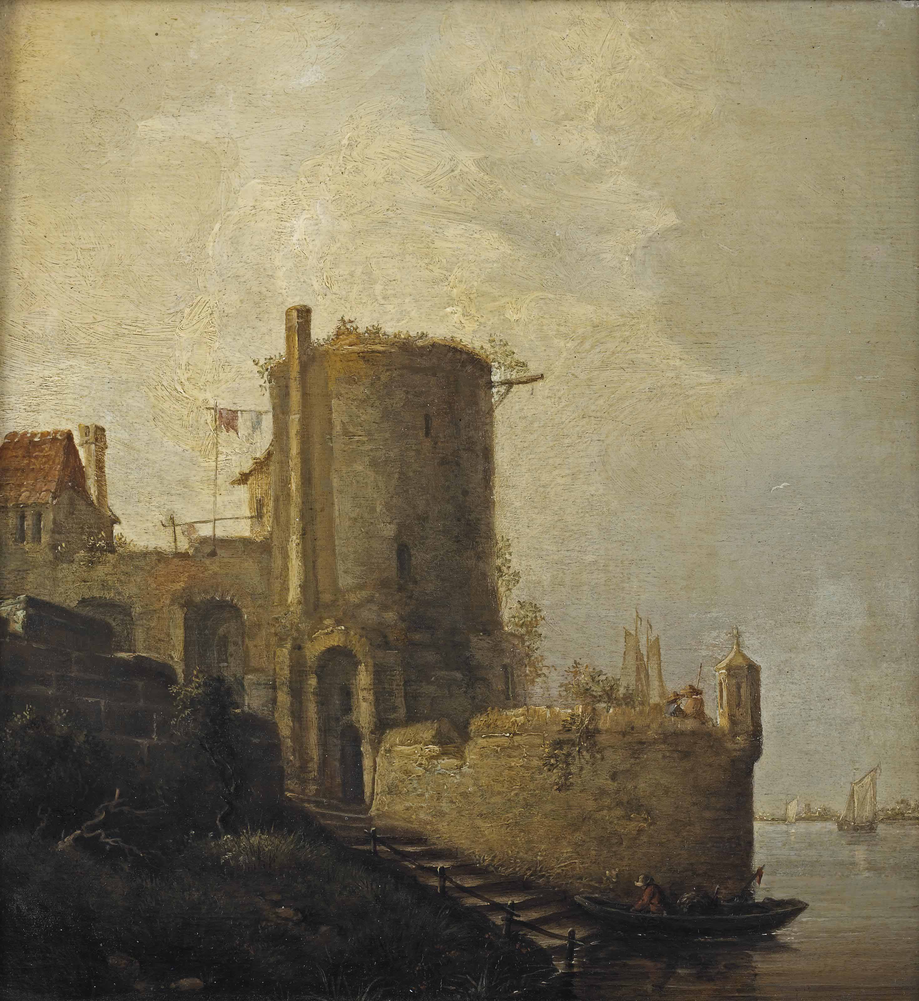 Jan van Goyen — Разрушенная сторожевая башня на берегу реки с фигурами на стене, весельная лодка и парусные суда за ней.
