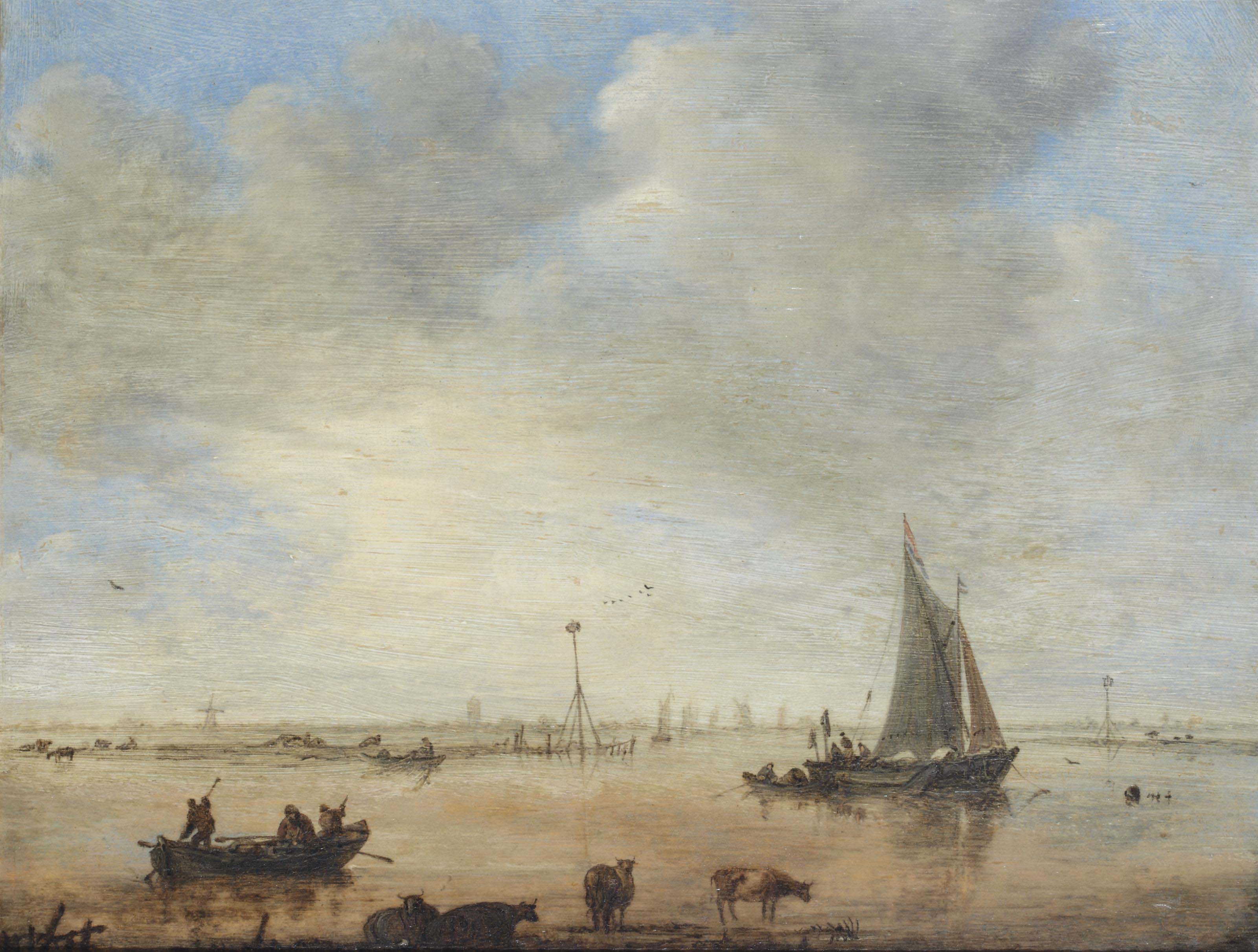 Jan van Goyen — Обширный речной пейзаж с рыбацкими судами и коровами на переднем плане