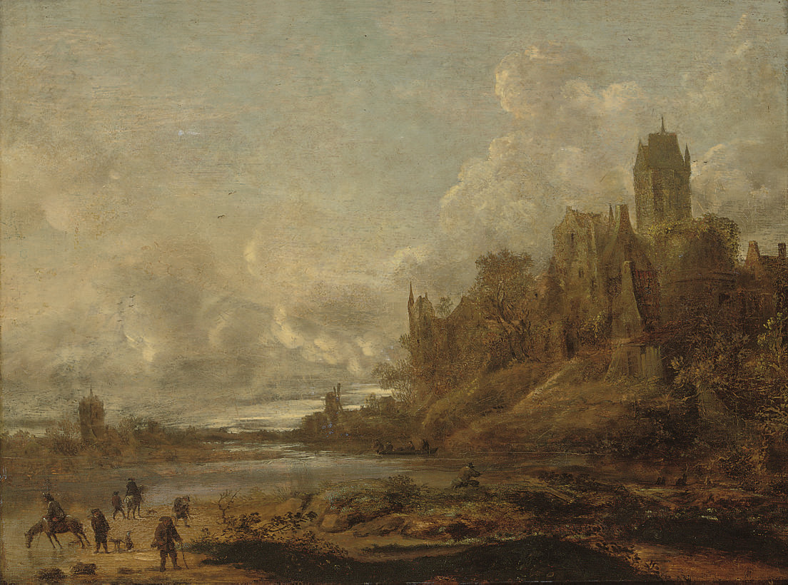 Jan van Goyen — Речной пейзаж с путешественниками на берегу, паромная переправа, ветряная мельница и город за ней.