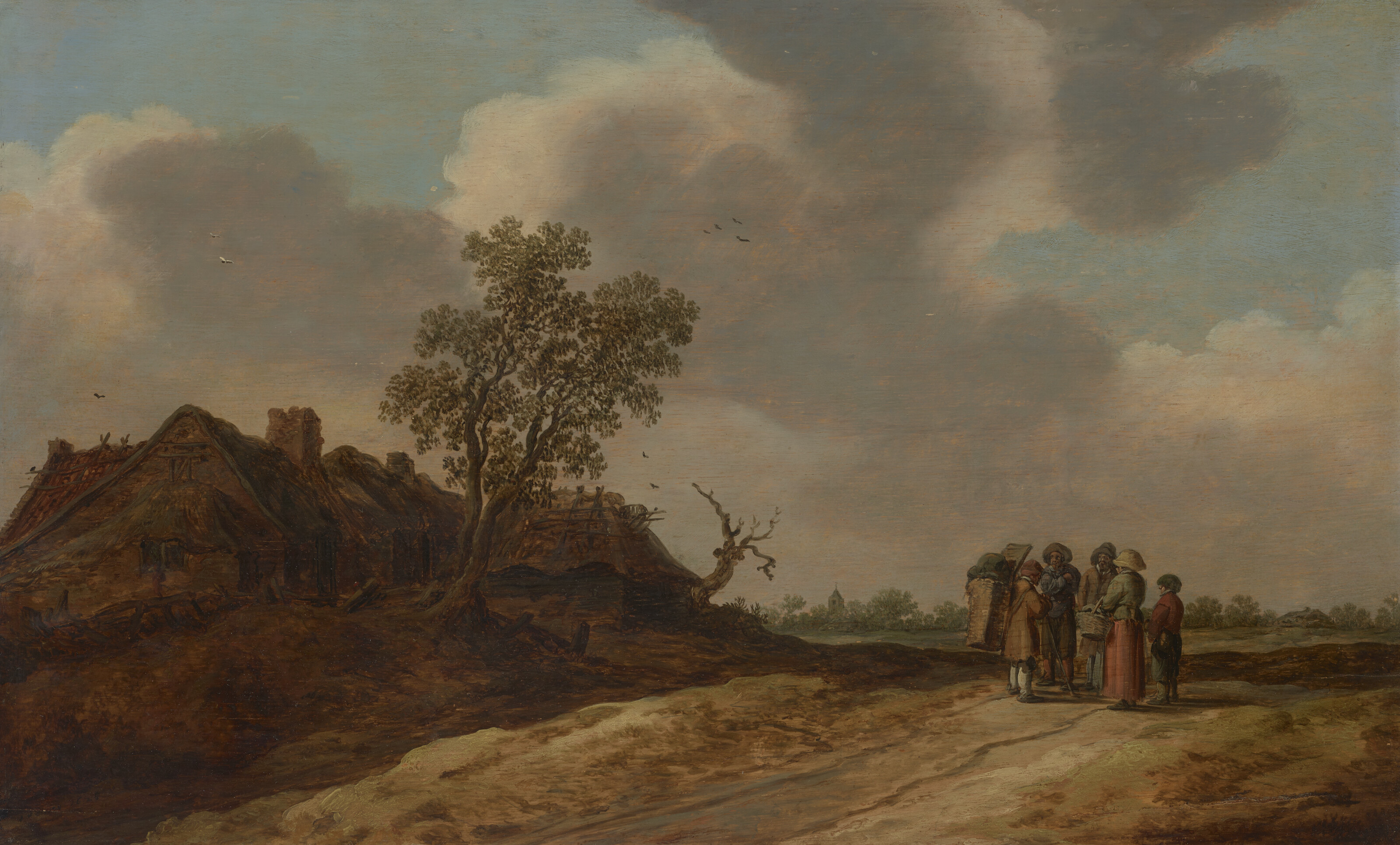 Jan van Goyen — Дюнный пейзаж с фигурами, беседующими перед рядом коттеджей