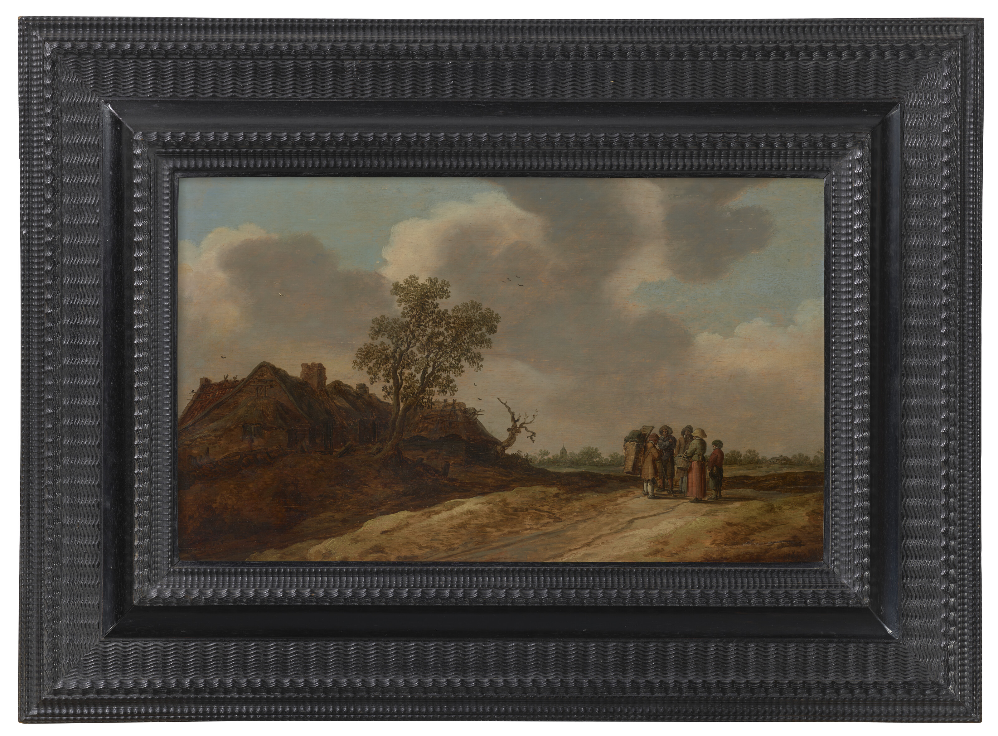 Jan van Goyen — Дюнный пейзаж с фигурами, беседующими перед рядом коттеджей, изображение 2