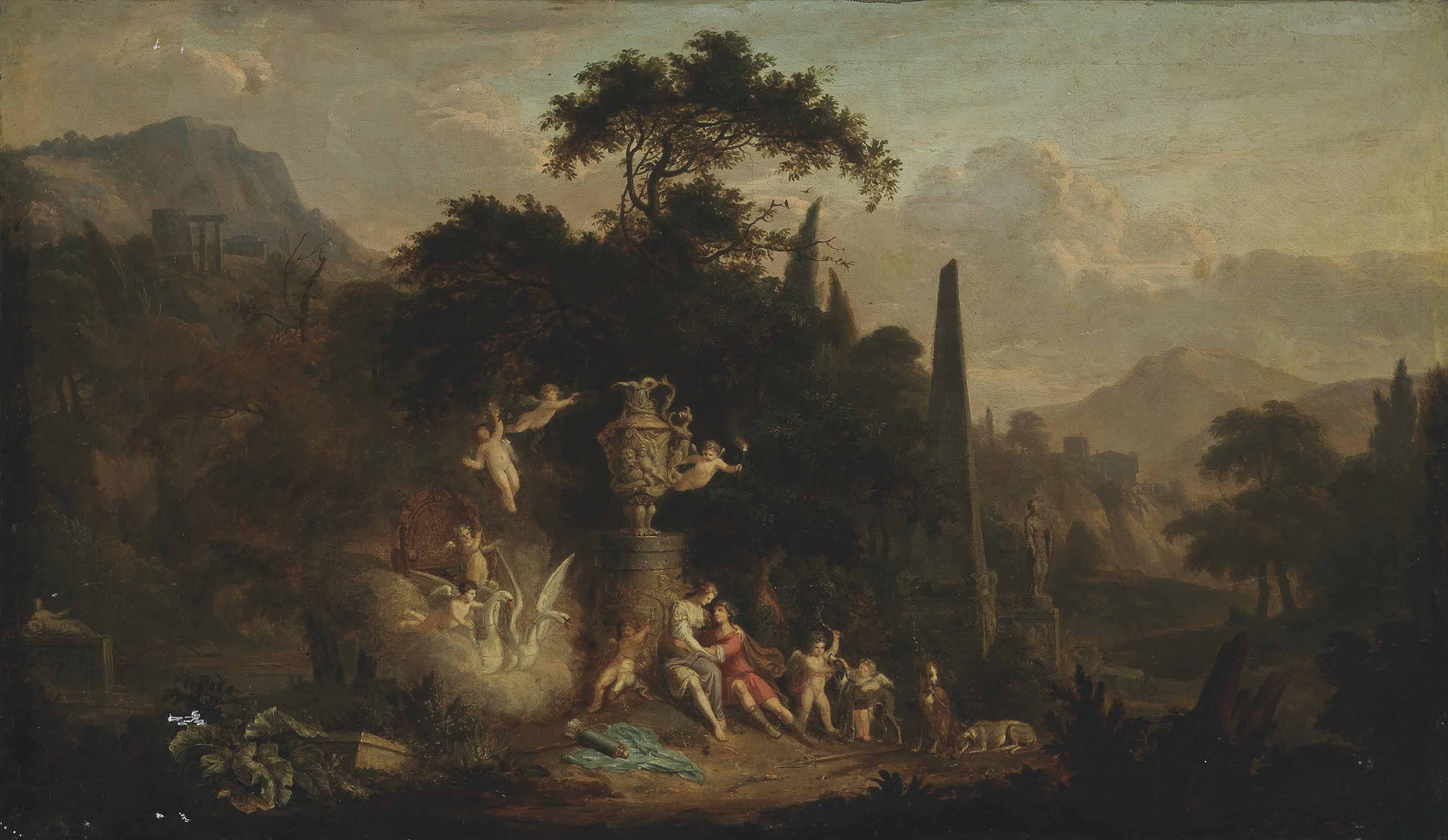 Jan van Huysum — Лесистый речной пейзаж с Венерой и Адонисом рядом со скульптурной урной с путти