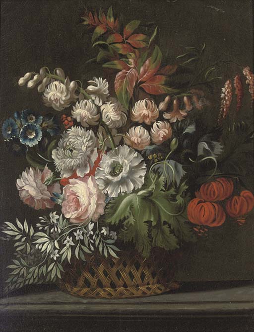 Jan van Huysum — Хризантемы, розы и другие цветы в плетеной корзине на подоконнике