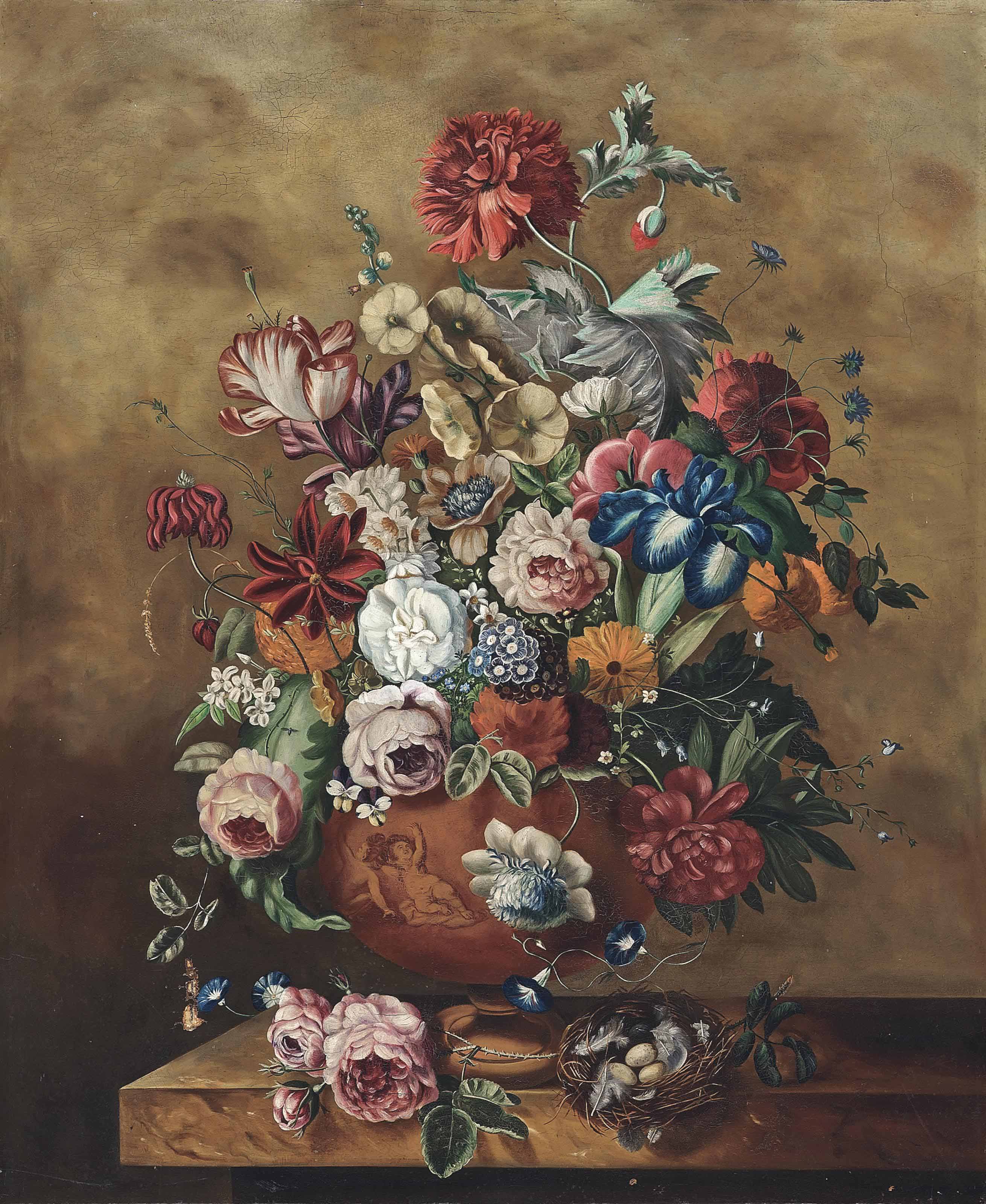 Jan van Huysum — Розы, гвоздики, тюльпаны-попугаи, ипомея и другие цветы в скульптурной вазе и гнездышке из яиц на каменном выступе
