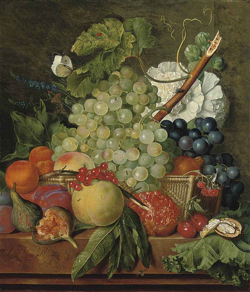 Jan van Huysum — Инжир, персики, яблоко, гранат, вишня и грецкий орех на подставке с виноградом, апельсин и пионы в корзине, с бабочкой, мухой и шмелем
