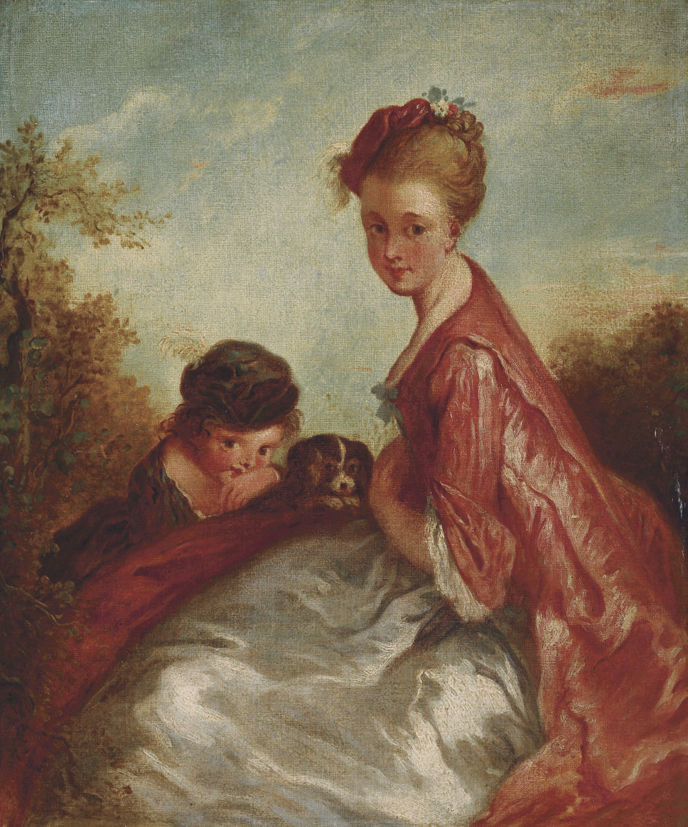 Jean Antoine Watteau — Мать и ребенок с собакой на фоне пейзажа