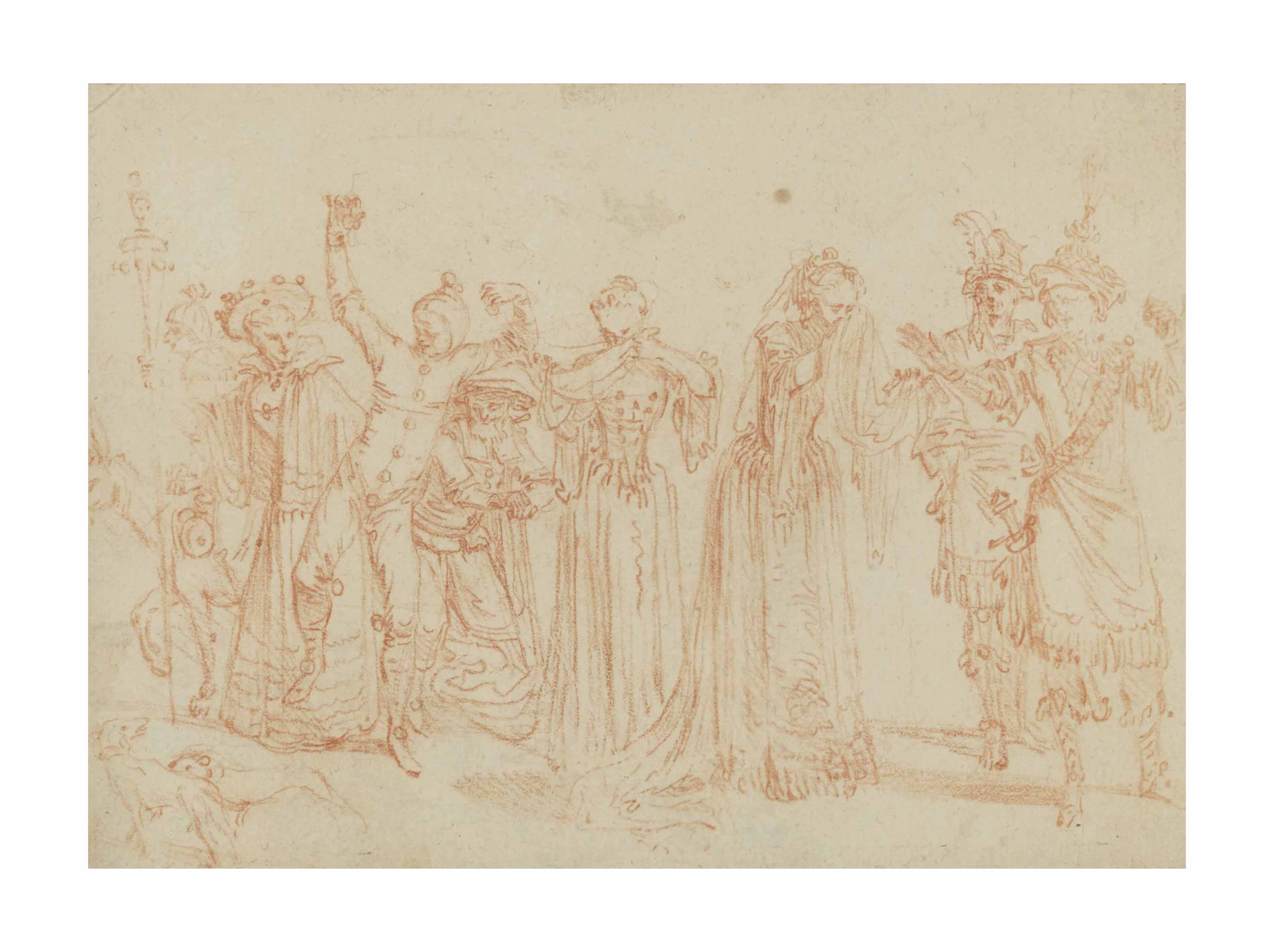 Jean Antoine Watteau — Восемь комедиантов, один из которых ехал верхом на осле, и две собаки