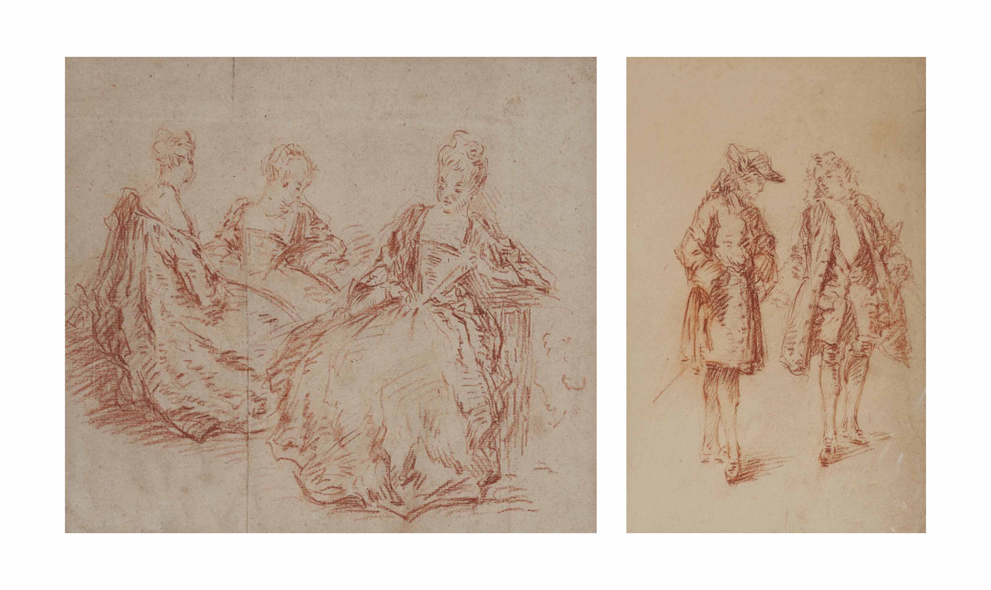 Jean Antoine Watteau — Три элегантные дамы сидели, а два джентльмена стояли
