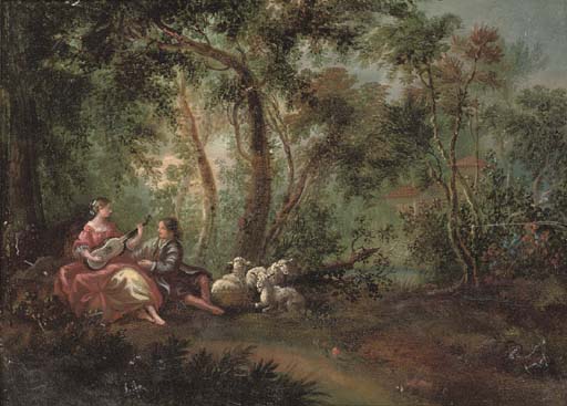 Jean Antoine Watteau — Лесистый речной пейзаж с пастухом и пастушонкой, играющими музыку