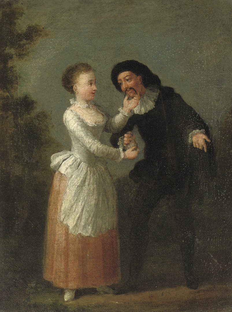 Jean Antoine Watteau — Молодая леди принимает кошелек с деньгами от персонажа комедии дель Арте на фоне садового пейзажа