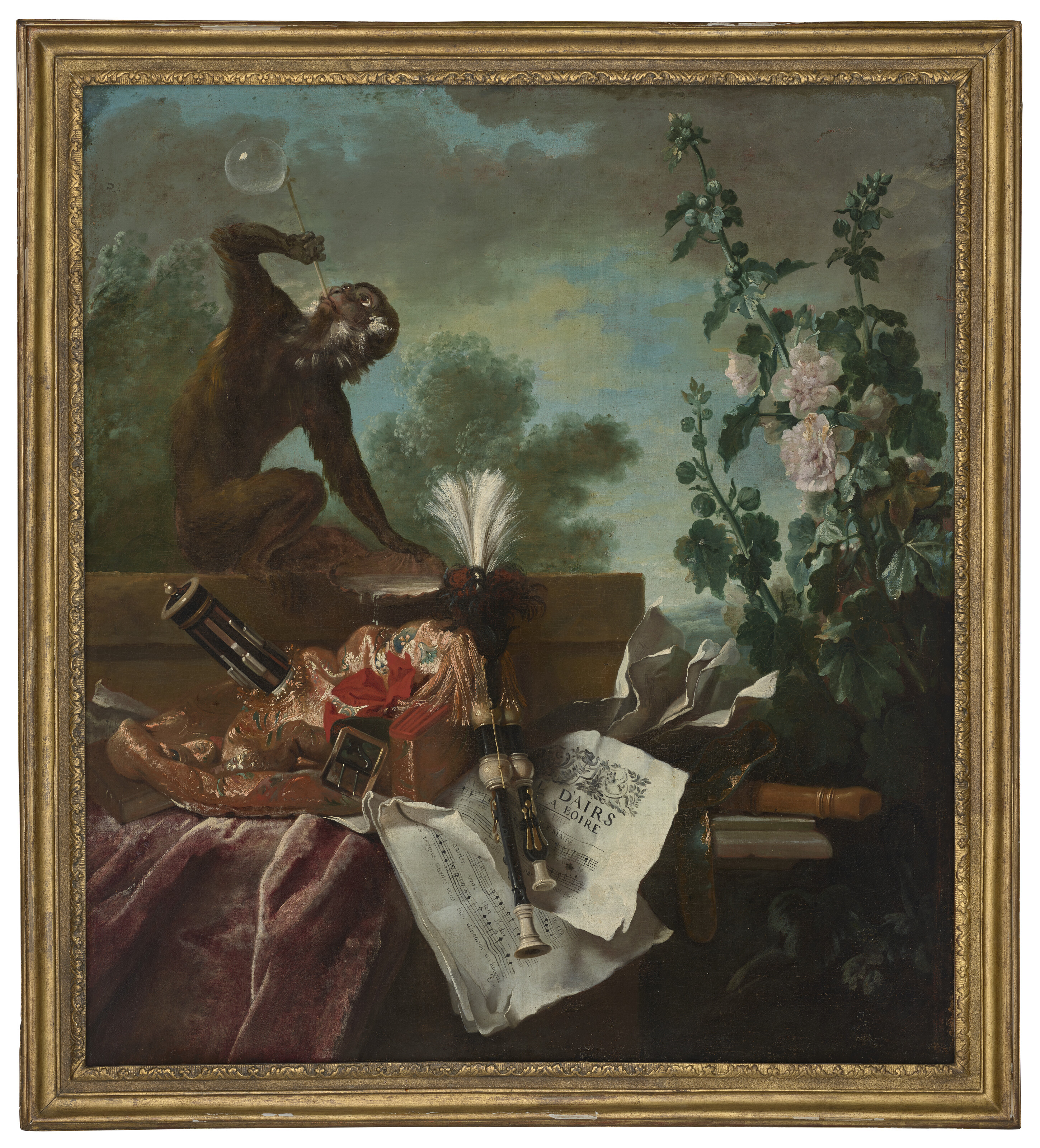 Jean Baptiste Oudry — Аллегория воздуха: музыкальный натюрморт с обезьянкой, пускающей мыльные пузыри, мюзетт, флейтой и партитурами, изображение 2