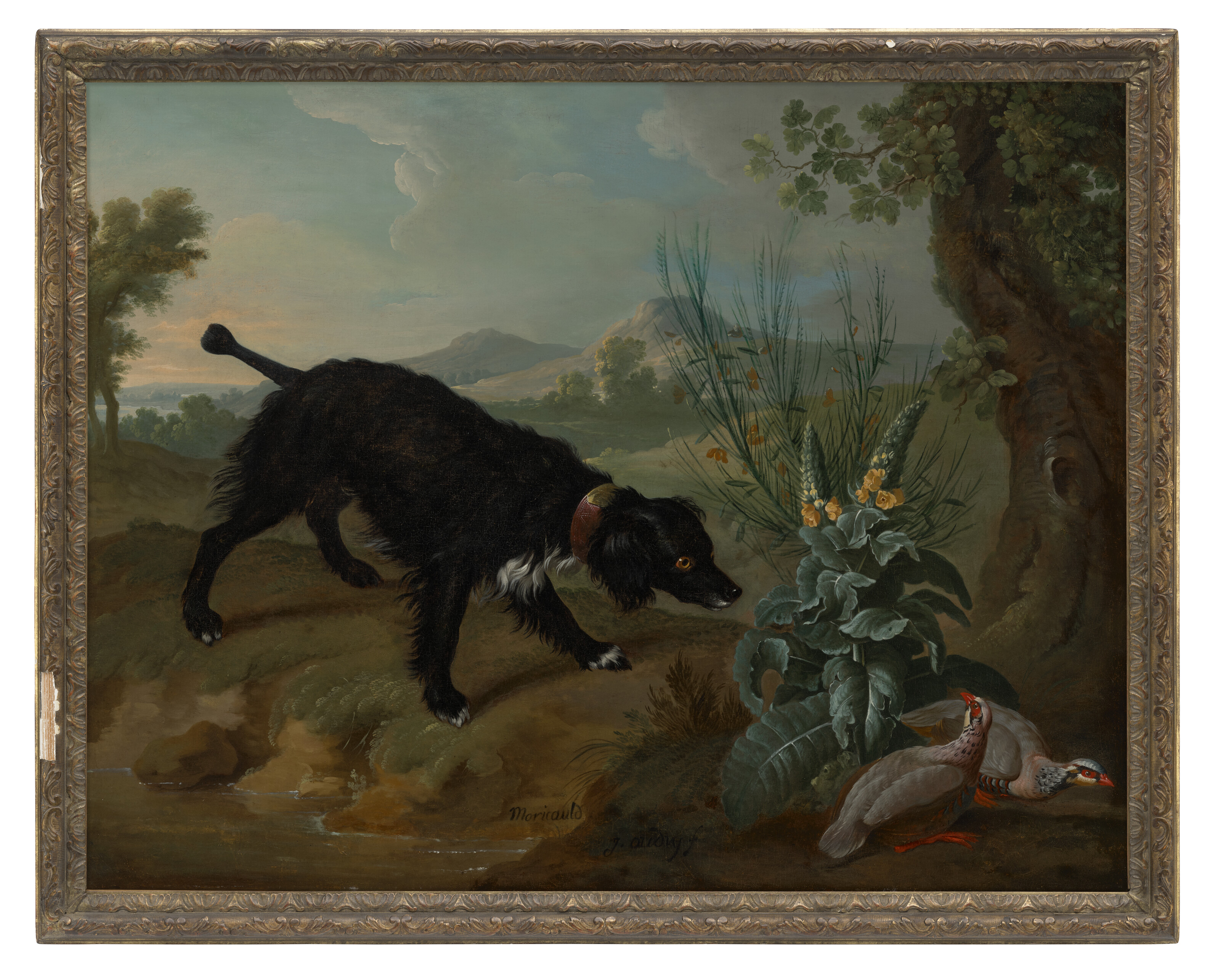 Jean Baptiste Oudry — Морико показывает на пару куропаток на фоне пейзажа, а Минетт - на стайку куропаток на фоне пейзажа, изображение 2