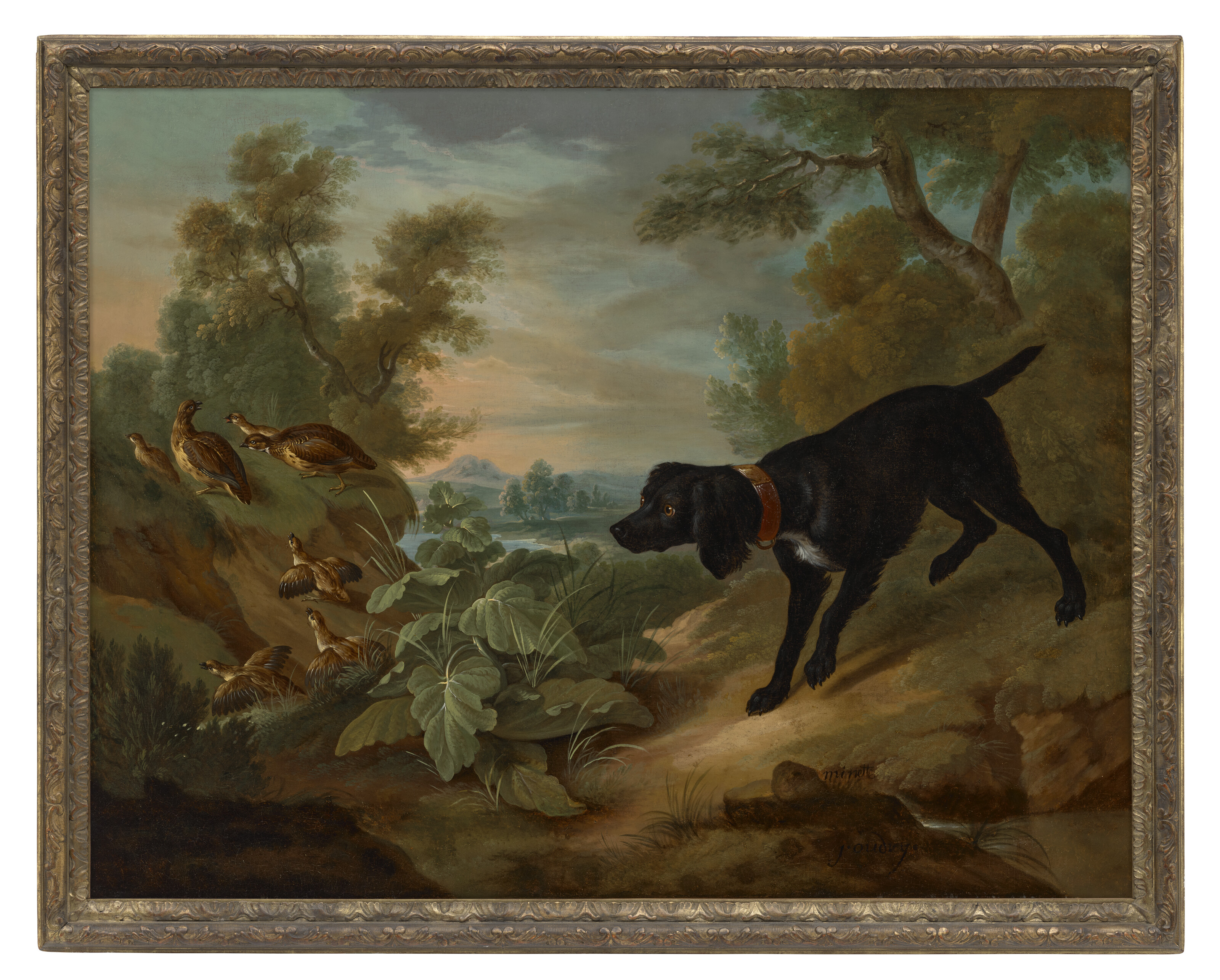 Jean Baptiste Oudry — Морико показывает на пару куропаток на фоне пейзажа, а Минетт - на стайку куропаток на фоне пейзажа, изображение 4