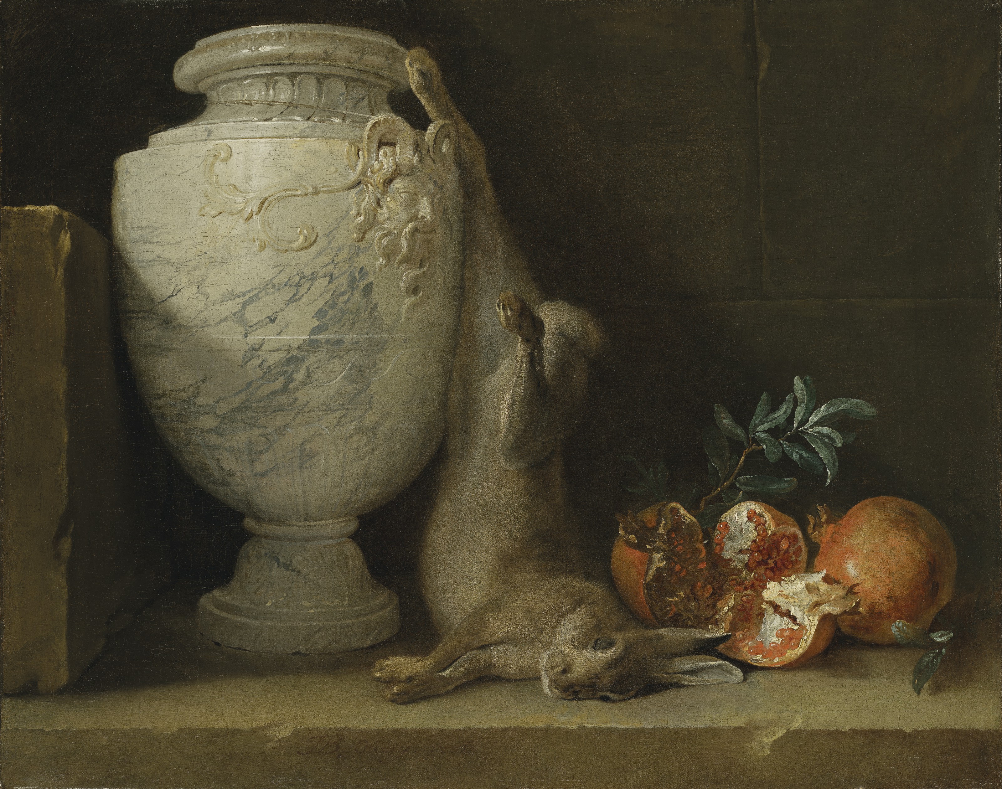 Jean Baptiste Oudry — Мраморная ваза, заяц и гранаты на каменном выступе