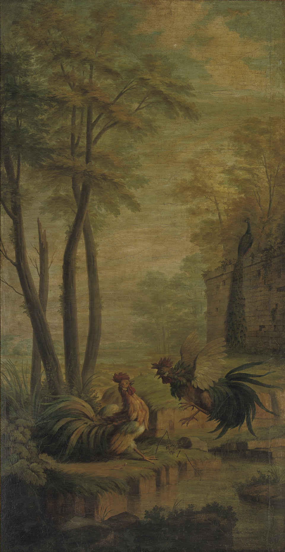Jean Baptiste Oudry — Два бойцовых петуха у пруда в парковом пейзаже