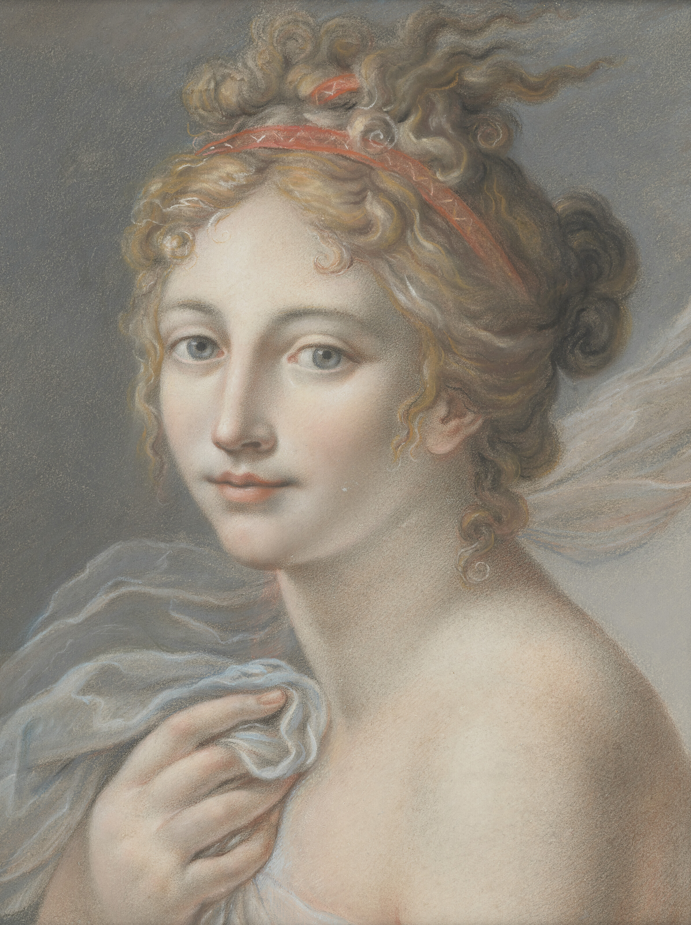 Jean Baptiste Regnault — Портрет молодой женщины в полный рост, с красной лентой в волосах и шарфом в правой руке.