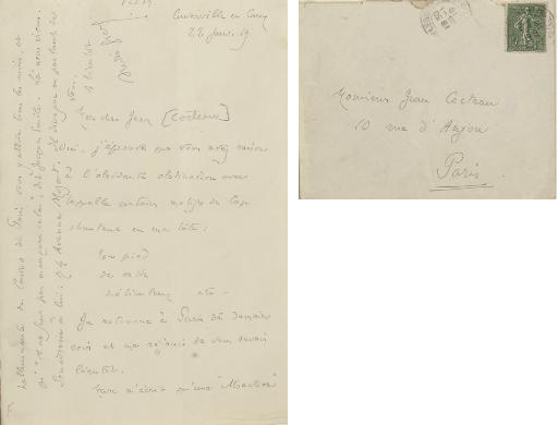 Jean Cocteau — Письмо с автографом, адресованное Жану Кокто от Андре Жида, Кювервиль, 22 января 1919 года... Мой дорогой Жан, да, я чувствую, что ты прав насчет навязчивого упорства, с которым некоторые мотивы Шапочки звучат у меня в голове: "Твоя атласная ножка, тщательно подобранная.../Я возвращаюсь в Париж завтра вечером и буду безмерно рад снова тебя увидеть". Марк пишет мне, что "каждый вечер в парижском казино тебя привлекает захватывающий дух аттракцион, и я "не должен его пропустить", - говорит Жак Эмиль. Мы сходим туда. Его адрес: авеню Моцарта, 74. он действительно болтает о том о сем./ с уважением, Андре Жид; с соответствующим конвертом.