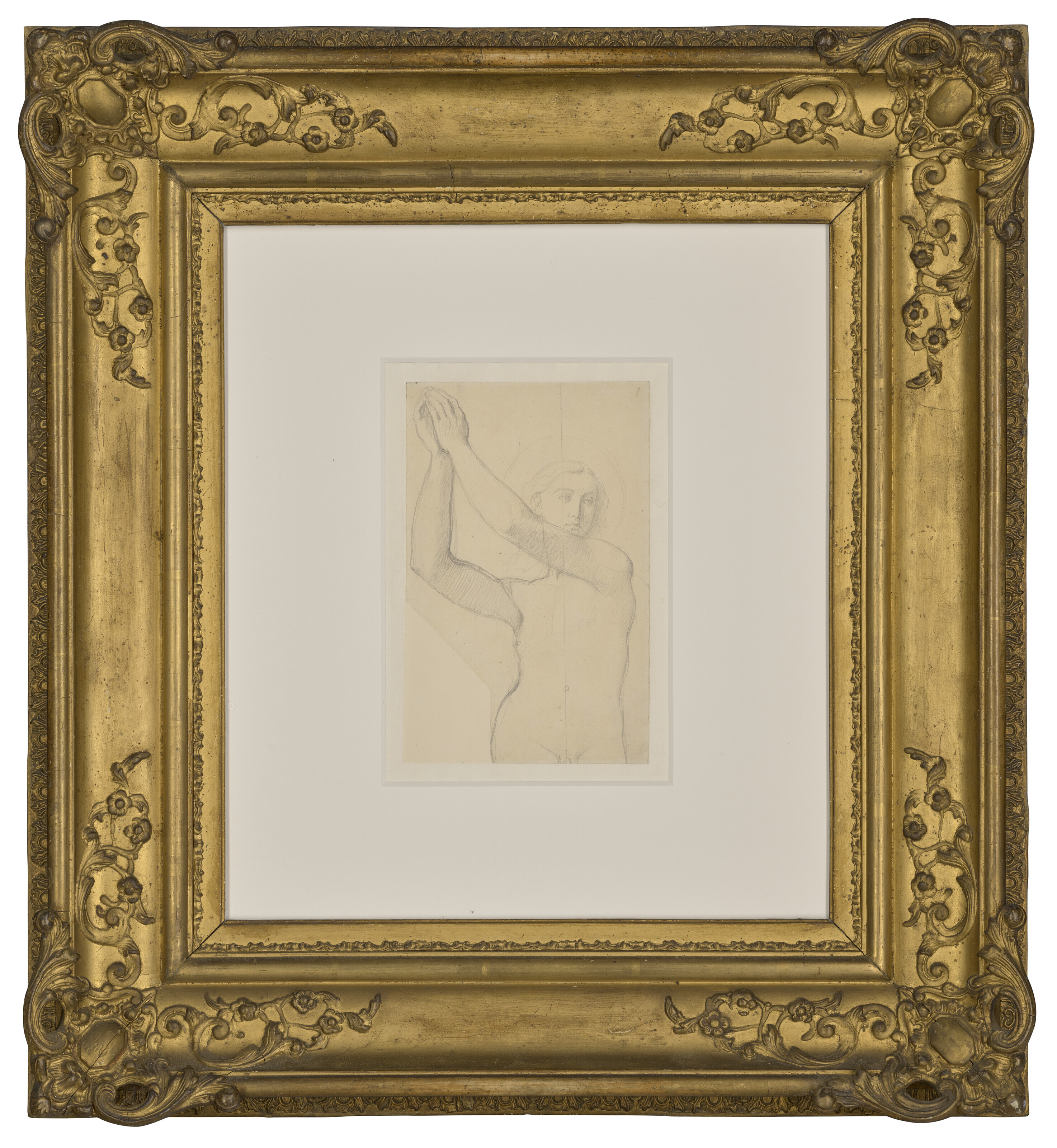 Jean Dominique Ingres — Этюд обнаженного молодого человека в ореоле, в полный рост, с поднятыми влево руками, изображение 2