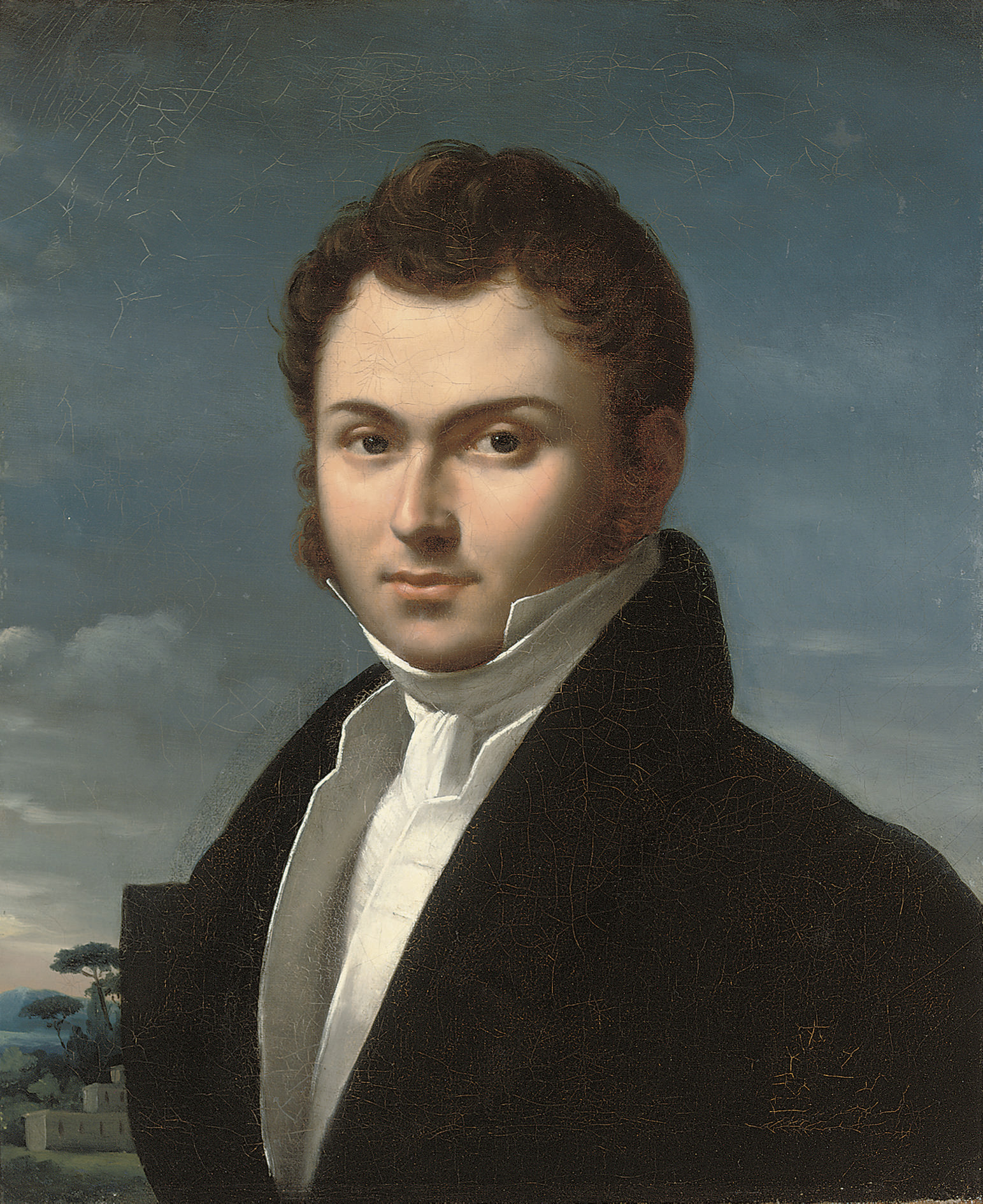 Jean Dominique Ingres — Портрет джентльмена, во весь рост, в черном пиджаке и белой рубашке, на фоне пейзажа