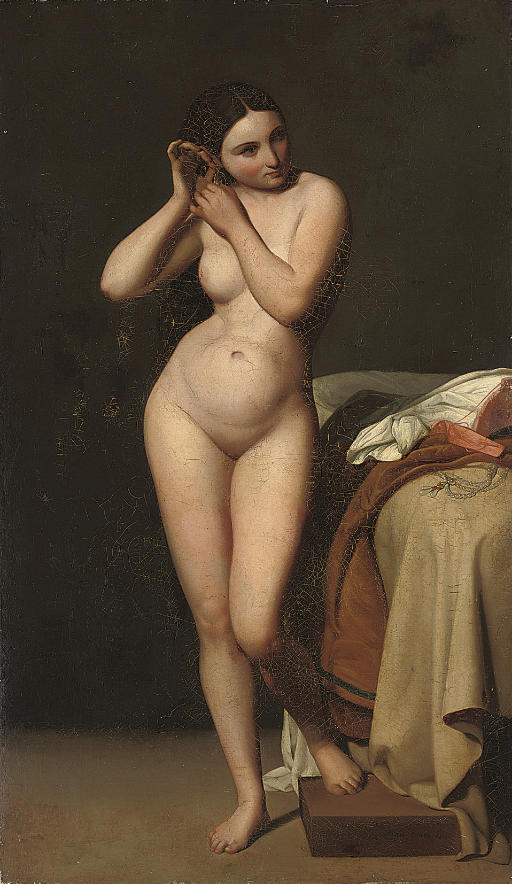 Jean Dominique Ingres — Обнаженная женщина в полный рост, вынимающая из уха жемчужную серьгу, стоит у кровати