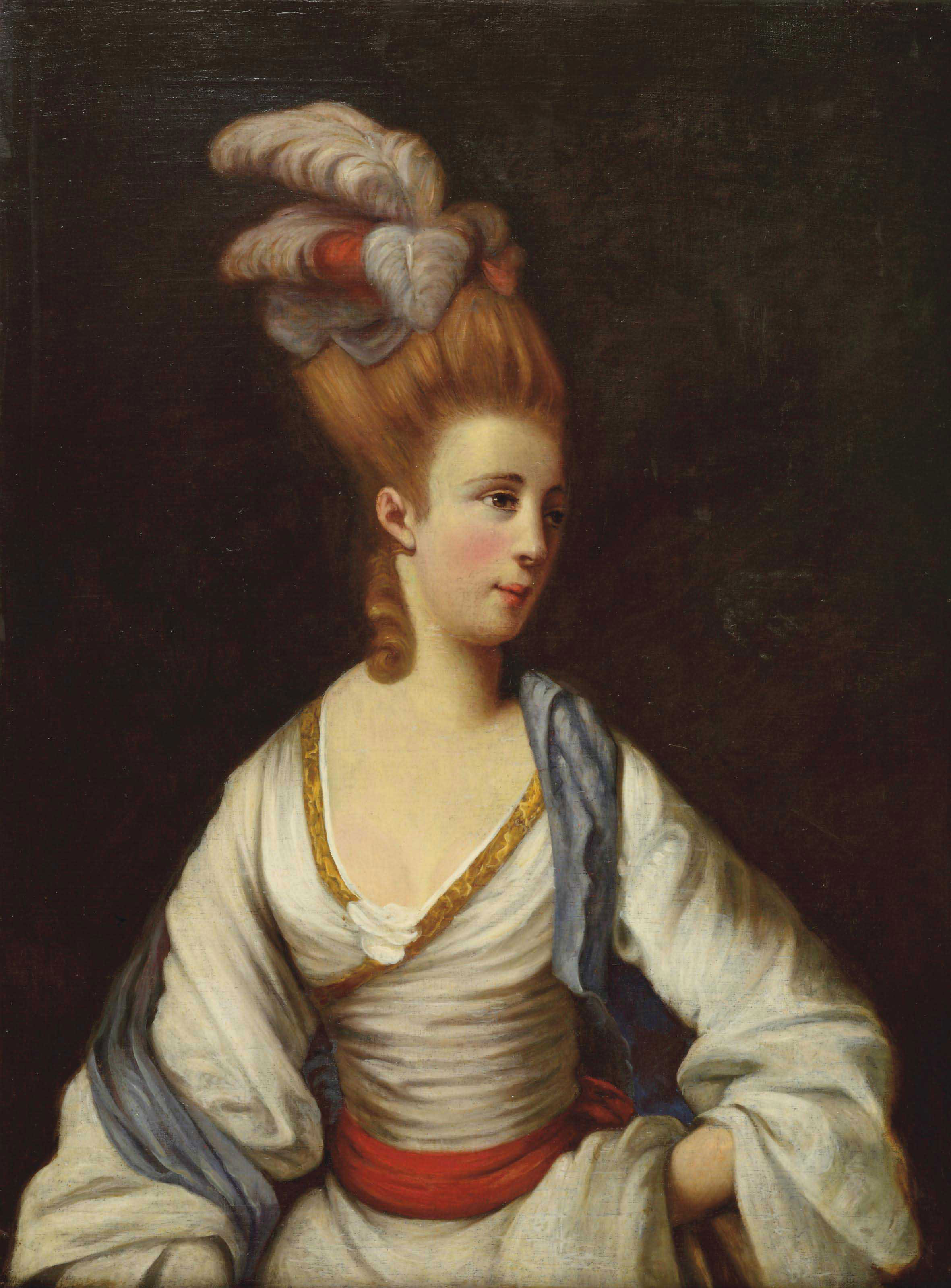 Jean Etienne Liotard — Портрет элегантной дамы в полный рост, в белом платье и со страусиными перьями в волосах