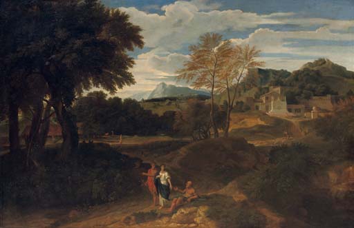 Jean Francois Millet — Горный пейзаж с путешественниками, беседующими с нищим, пастух со своим стадом и вилла за его пределами.