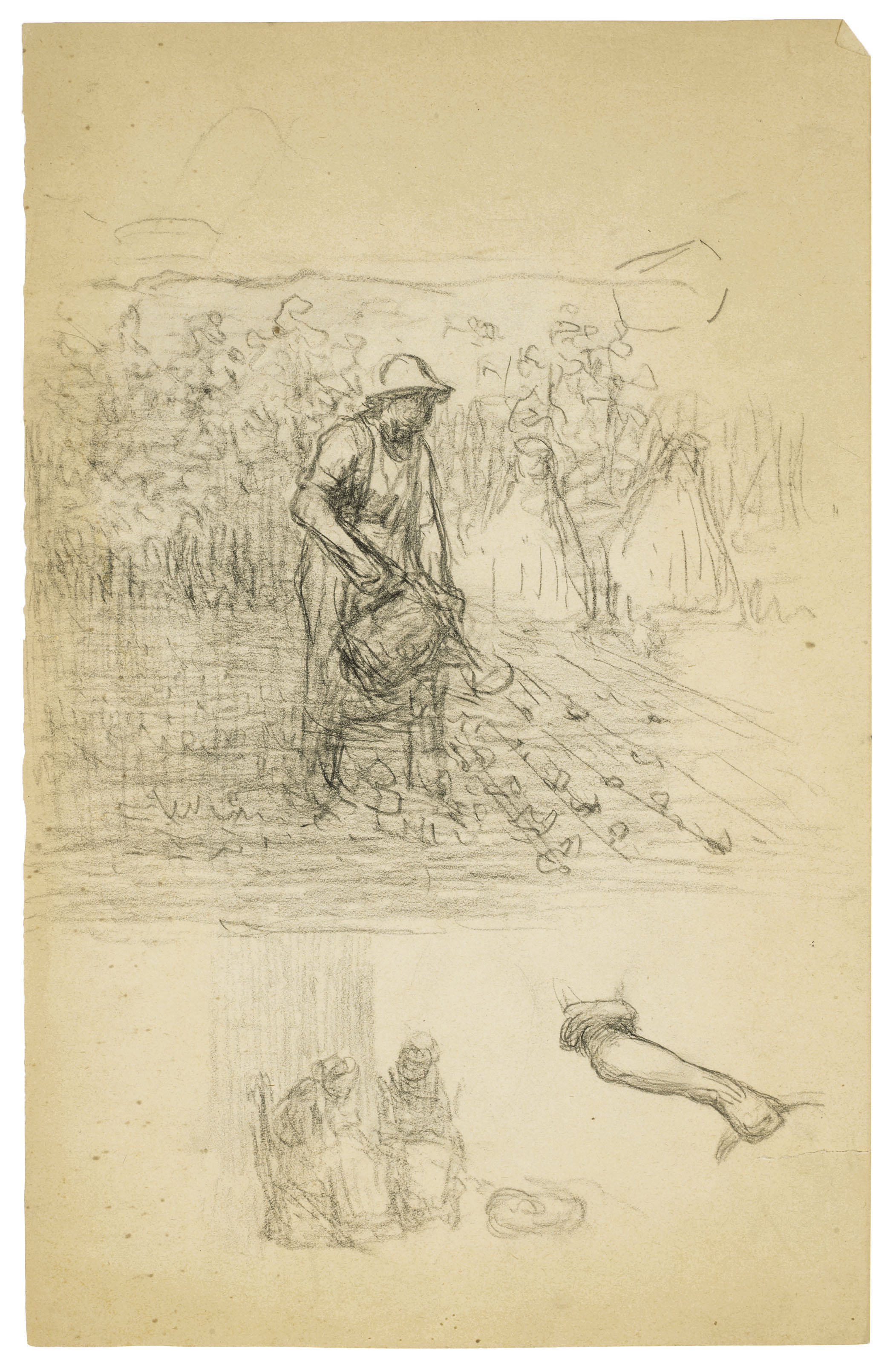 Jean Francois Millet — Учеба для садовника, поливающего свой участок, и двух женщин