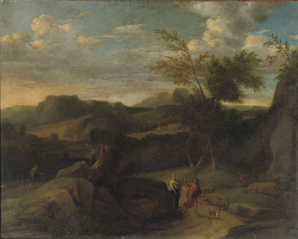 Jean Francois Millet — Итальянский пейзаж с путешественниками на дороге за городом, окруженным стеной