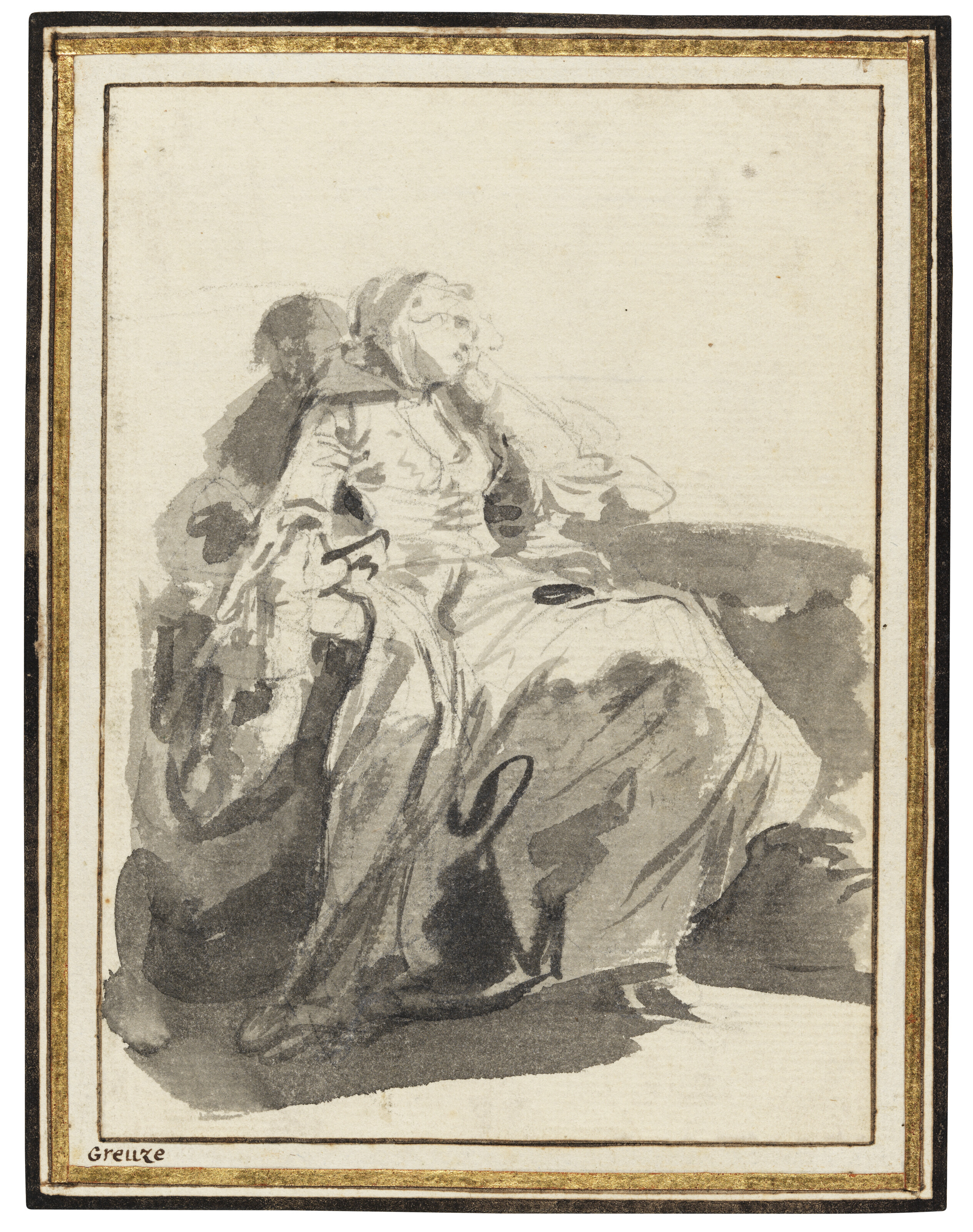 Jean-Baptiste Greuze — Этюд молодой женщины, сидящей, подперев лицо левой рукой, изображение 2