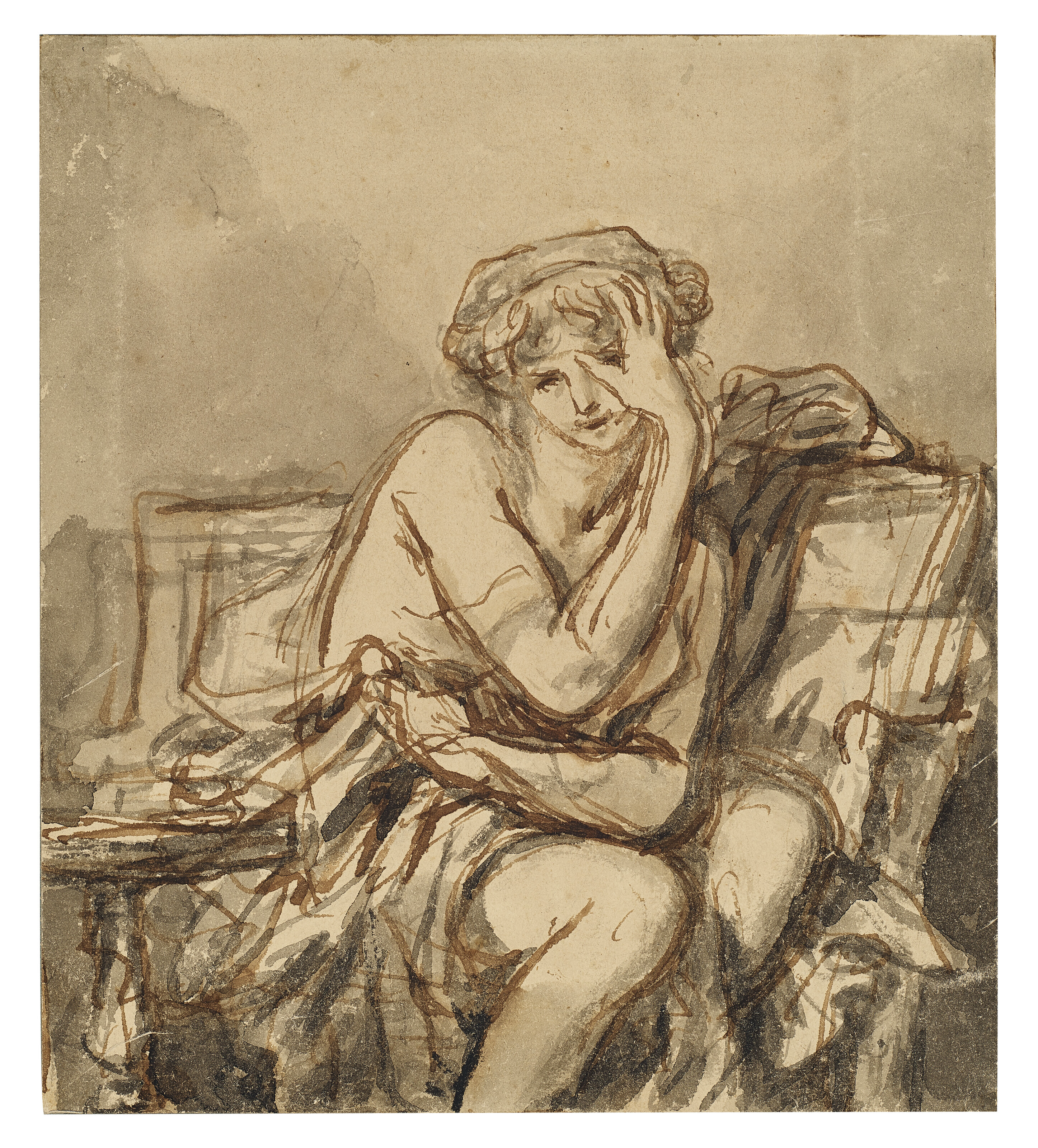 Jean-Baptiste Greuze — Сидящая молодая женщина, обхватившая руками лоб (справа); Полулежащая женщина, длиной до груди, с поднятой к голове рукой (оборотная сторона)