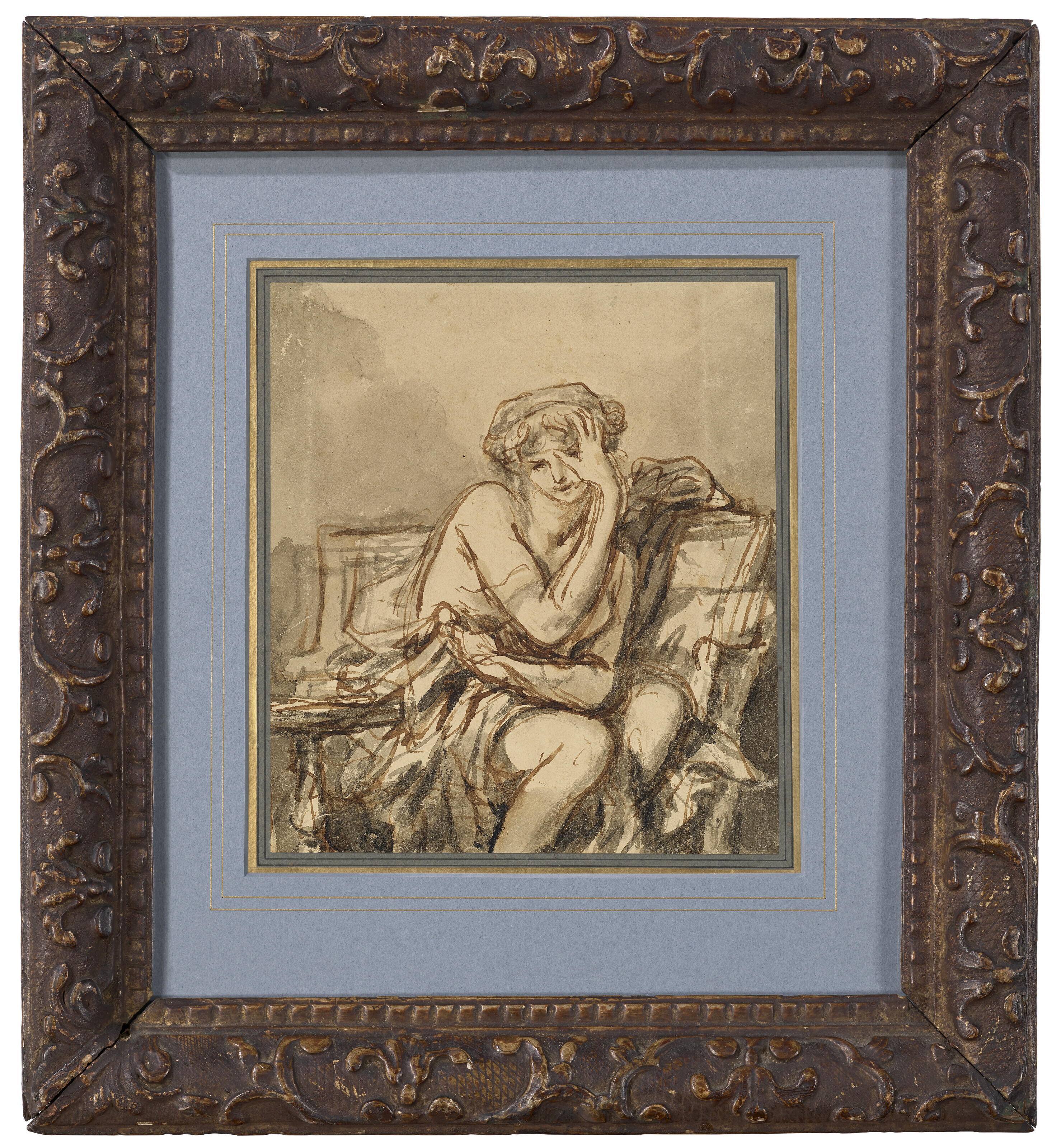 Jean-Baptiste Greuze — Сидящая молодая женщина, обхватившая руками лоб (справа); Полулежащая женщина, длиной до груди, с поднятой к голове рукой (оборотная сторона), изображение 3