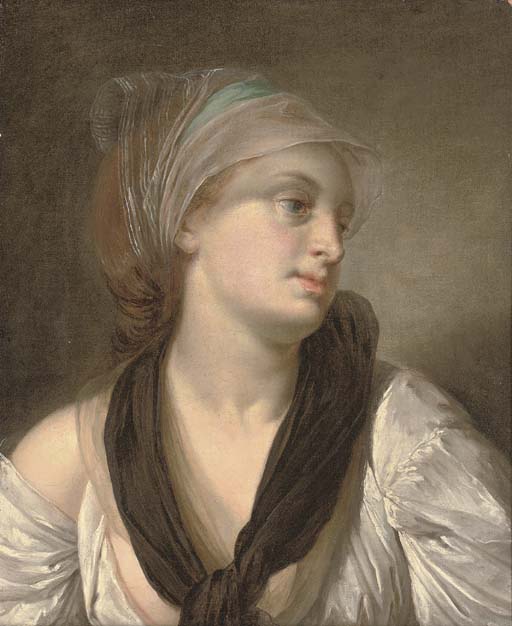 Jean-Baptiste Greuze — Портрет дамы, длиной до груди, в белом платье и черной шали, с бело-голубым шарфом на волосах