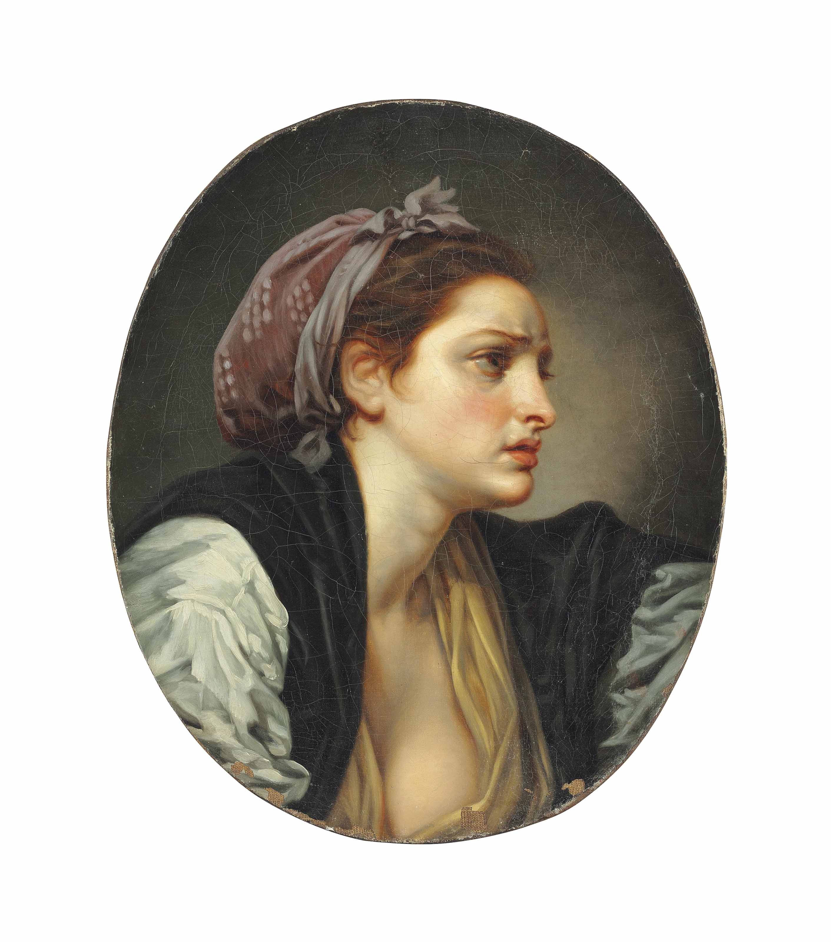 Jean-Baptiste Greuze — Портрет женщины, длиной до груди, в желтом платье и белой блузке, с розовым шарфом