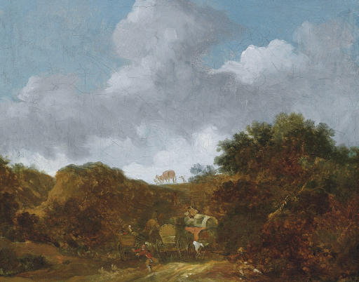 Jean-Honoré Fragonard — Пейзаж с преследуемым человеком, вереница повозок на холме.