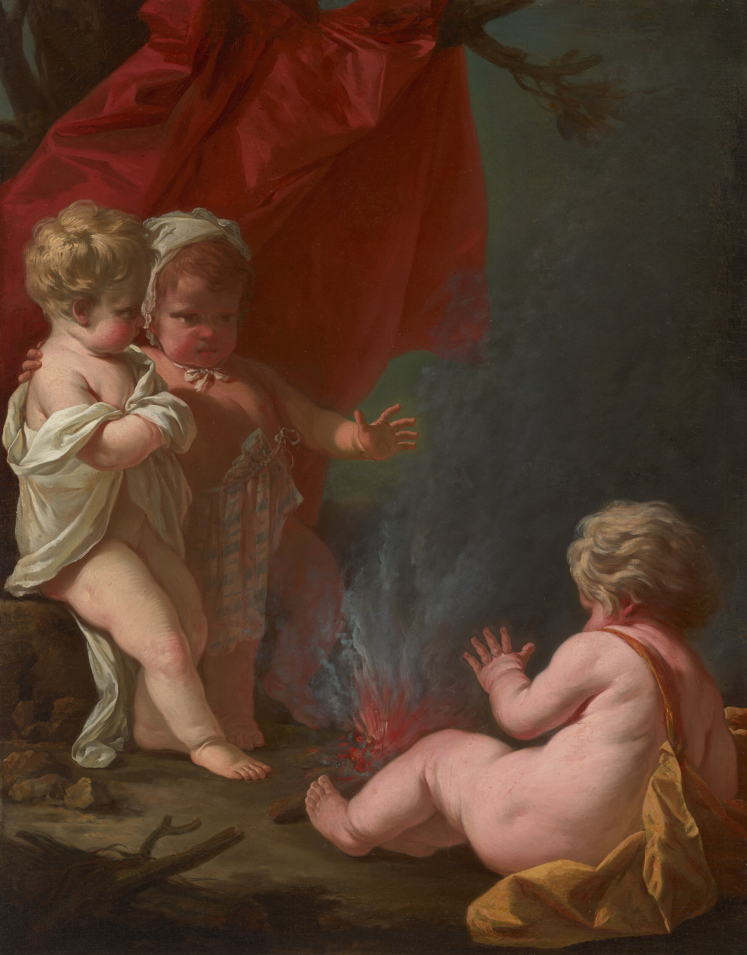 Jean-Honoré Fragonard — Трое маленьких детей греются у костра в окружении леса