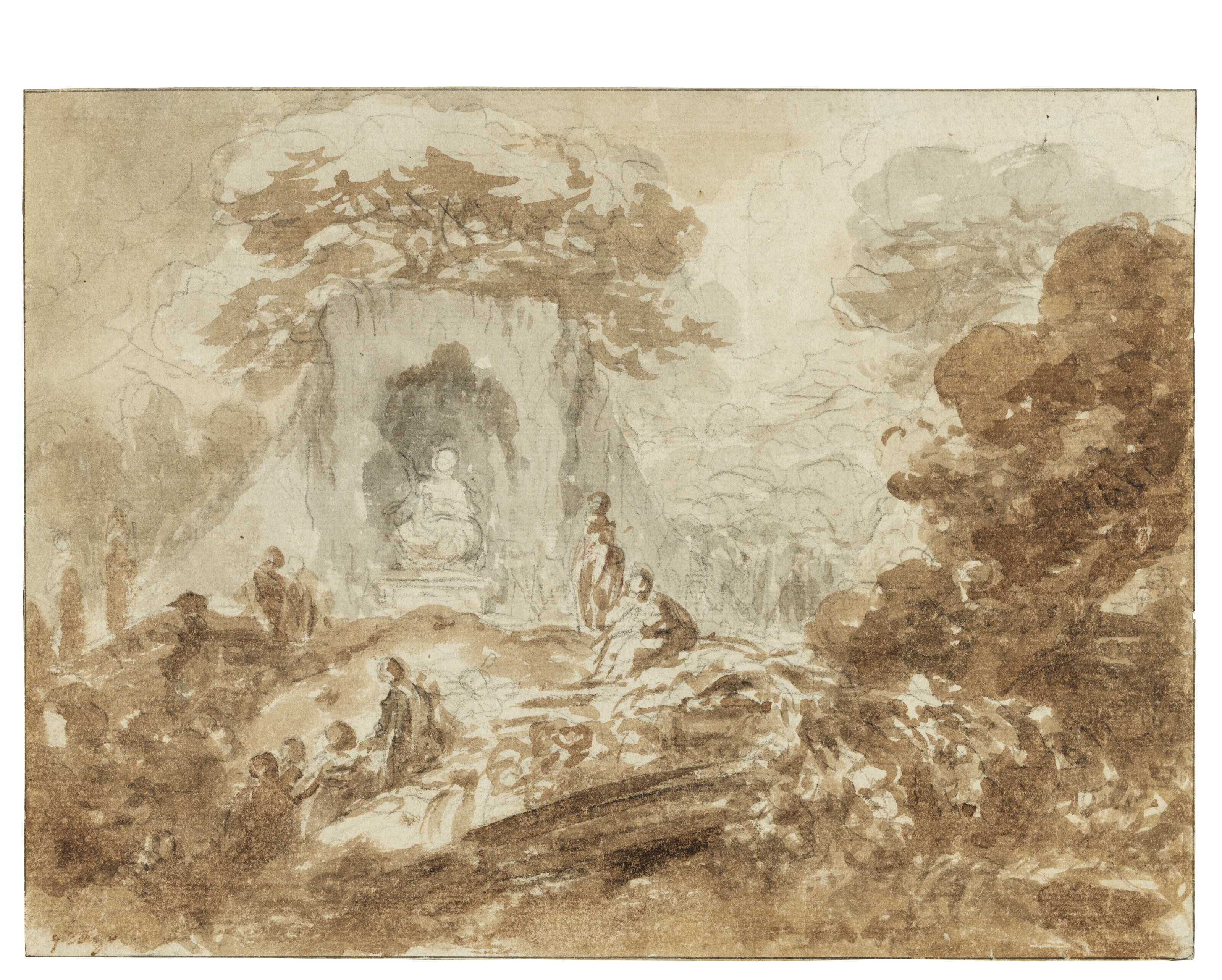 Jean-Honoré Fragonard — Вид на парк с фигурами, любующимися статуей