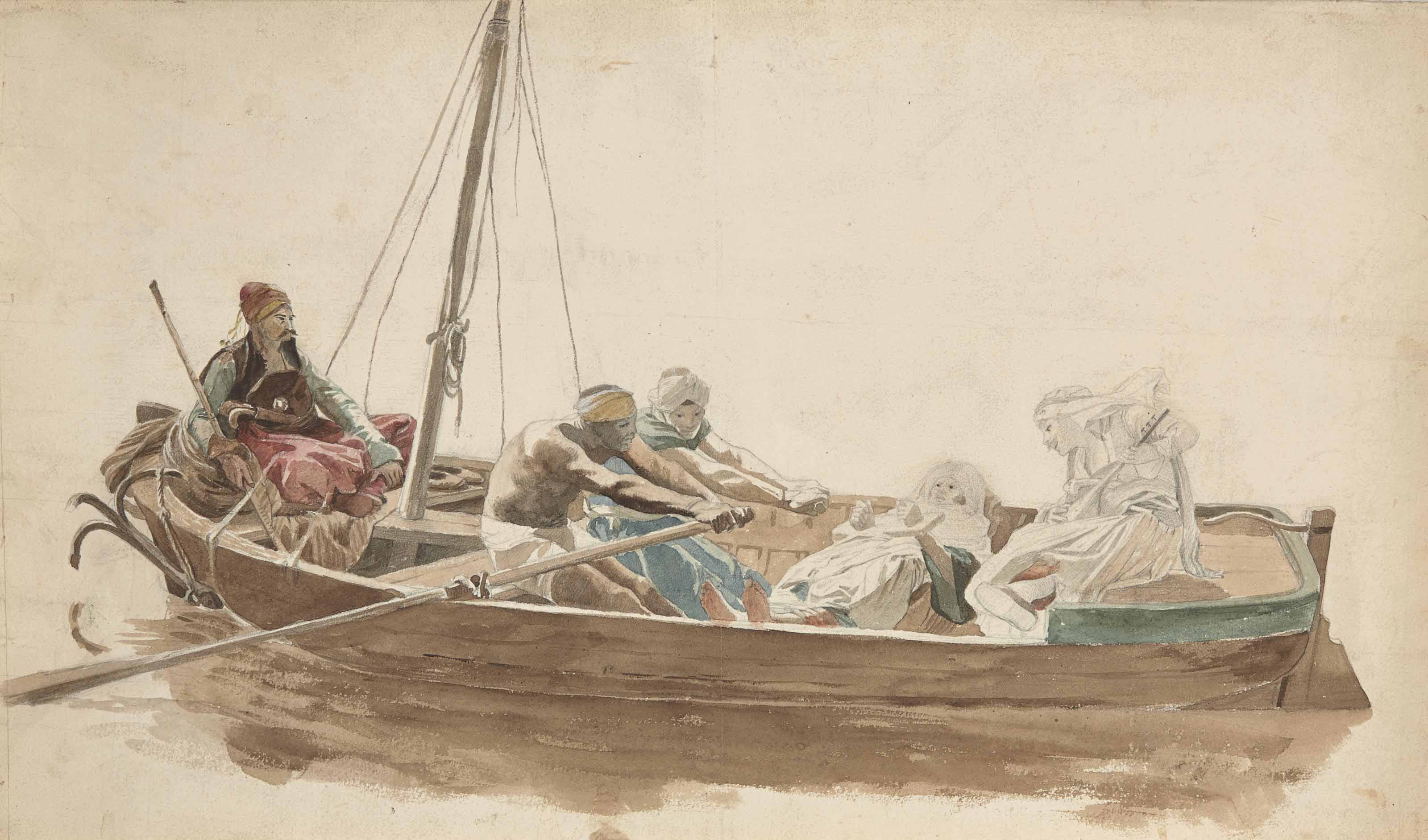 Jean-Leon Gerome — Вся тюрьма танцует на барке за музыкантов, двух мужчин и одну женщину востока