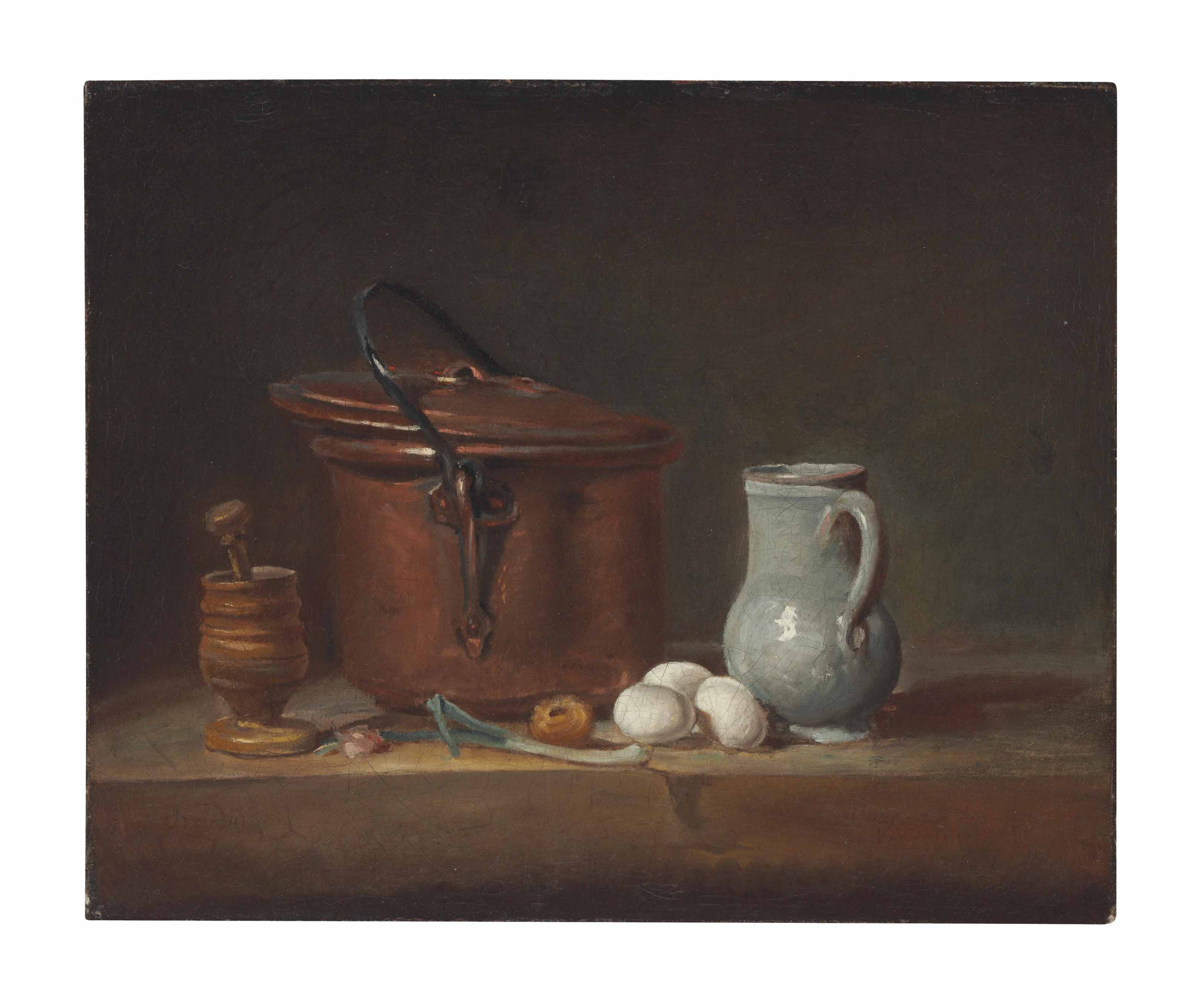 Jean-Siméon Chardin — Медная кастрюля, пестик и ступка, кувшин, лук-шалот, яйца и луковица на полке
