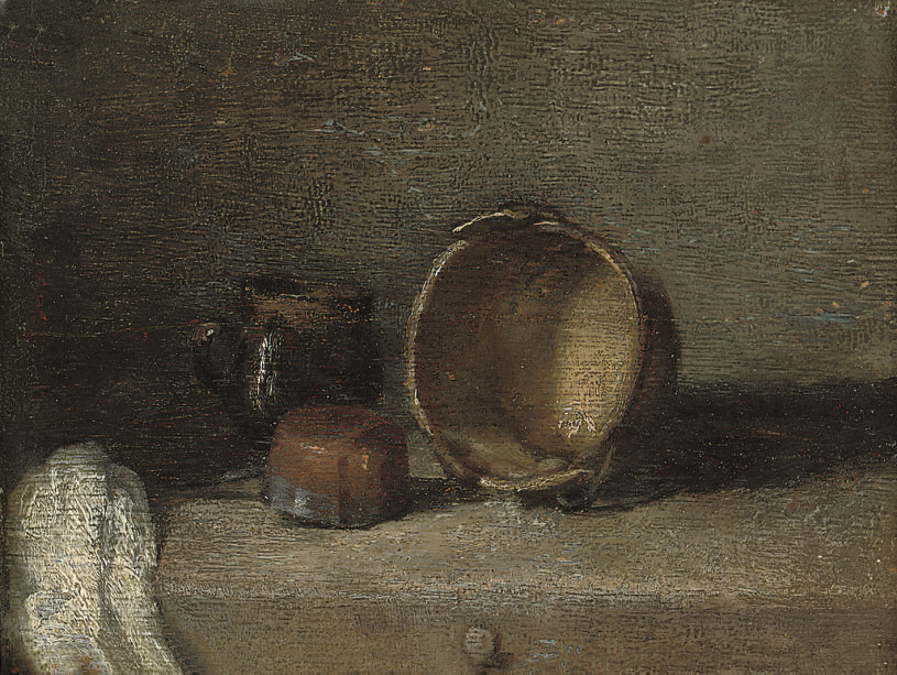 Jean-Siméon Chardin — Натюрморт с медным горшком, кувшином и терракотовой миской на деревянном столе