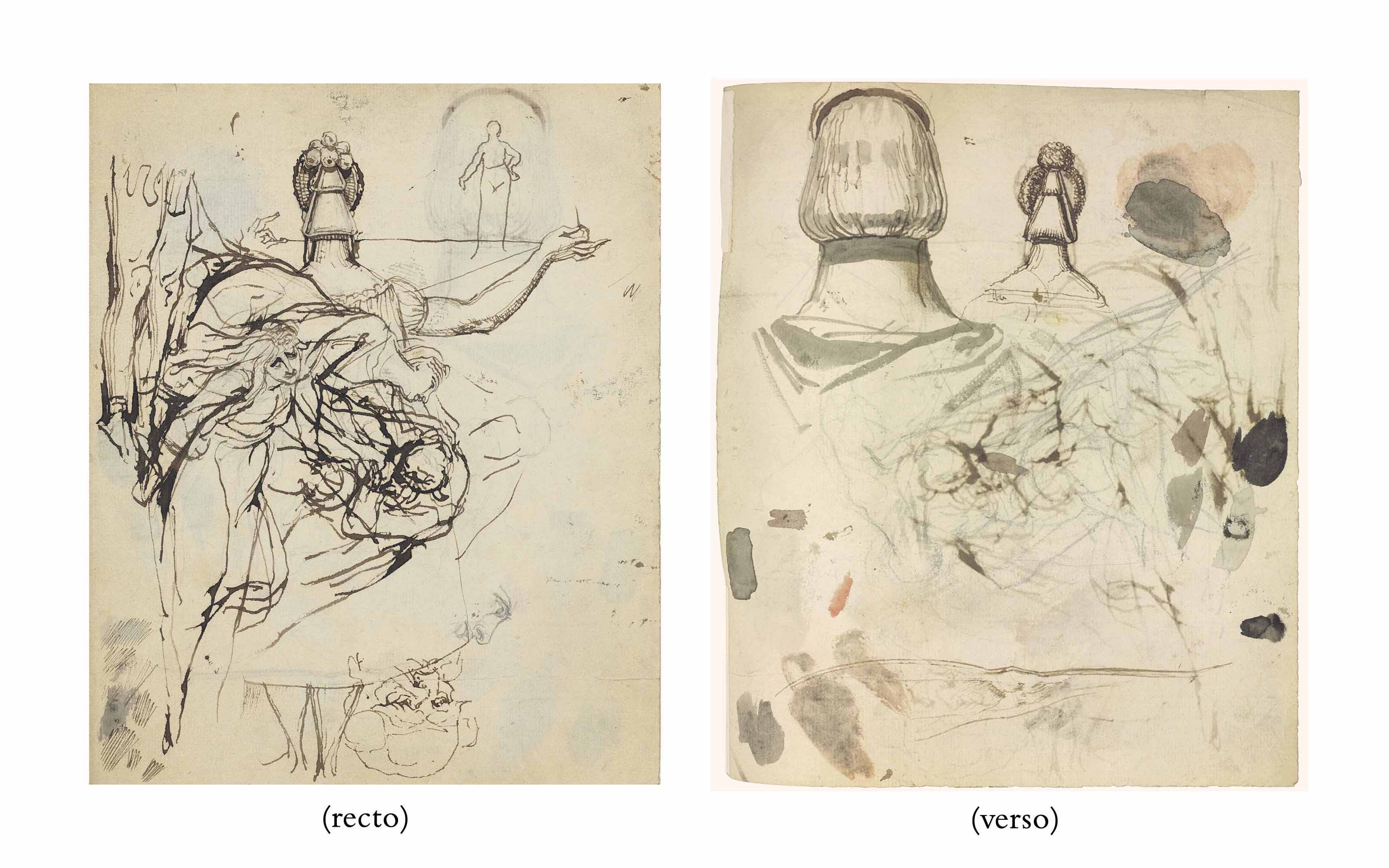 Johann Heinrich Fuseli — Лист с рисунками, в том числе возможный портрет госпожи Фюзели сзади и группы в трауре ( спереди ); Изображение женских голов в сложных головных уборах сзади (оборотная сторона ).