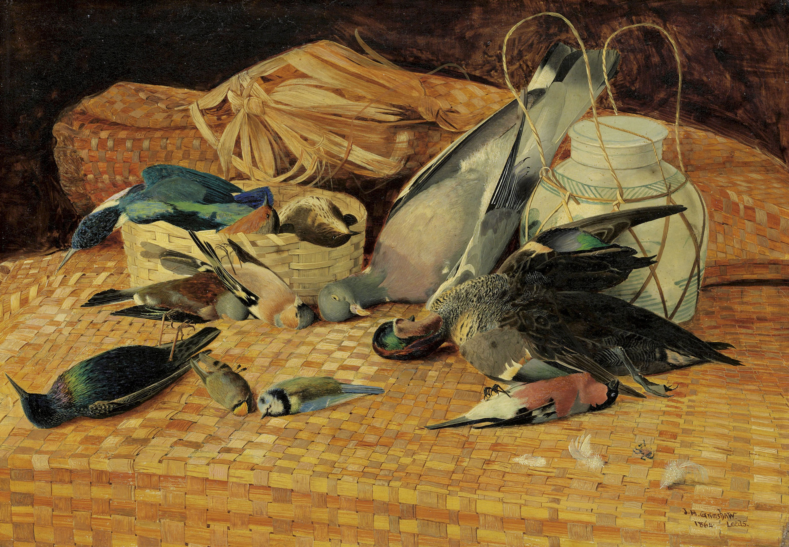 John Atkinson Grimshaw — Натюрморт с птицами на плетеной корзине