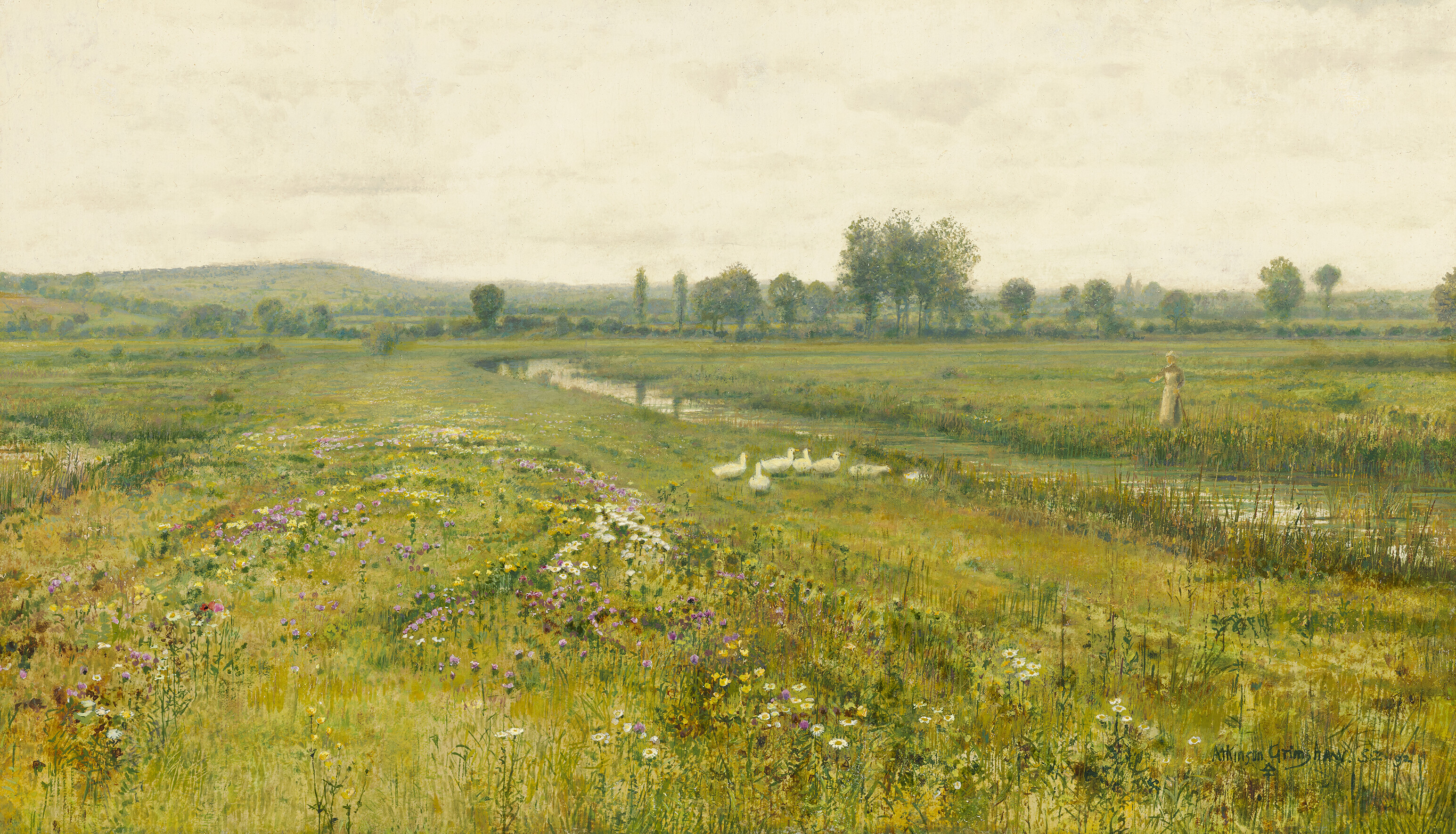 John Atkinson Grimshaw — Обширный луговой пейзаж с гусями у ручья