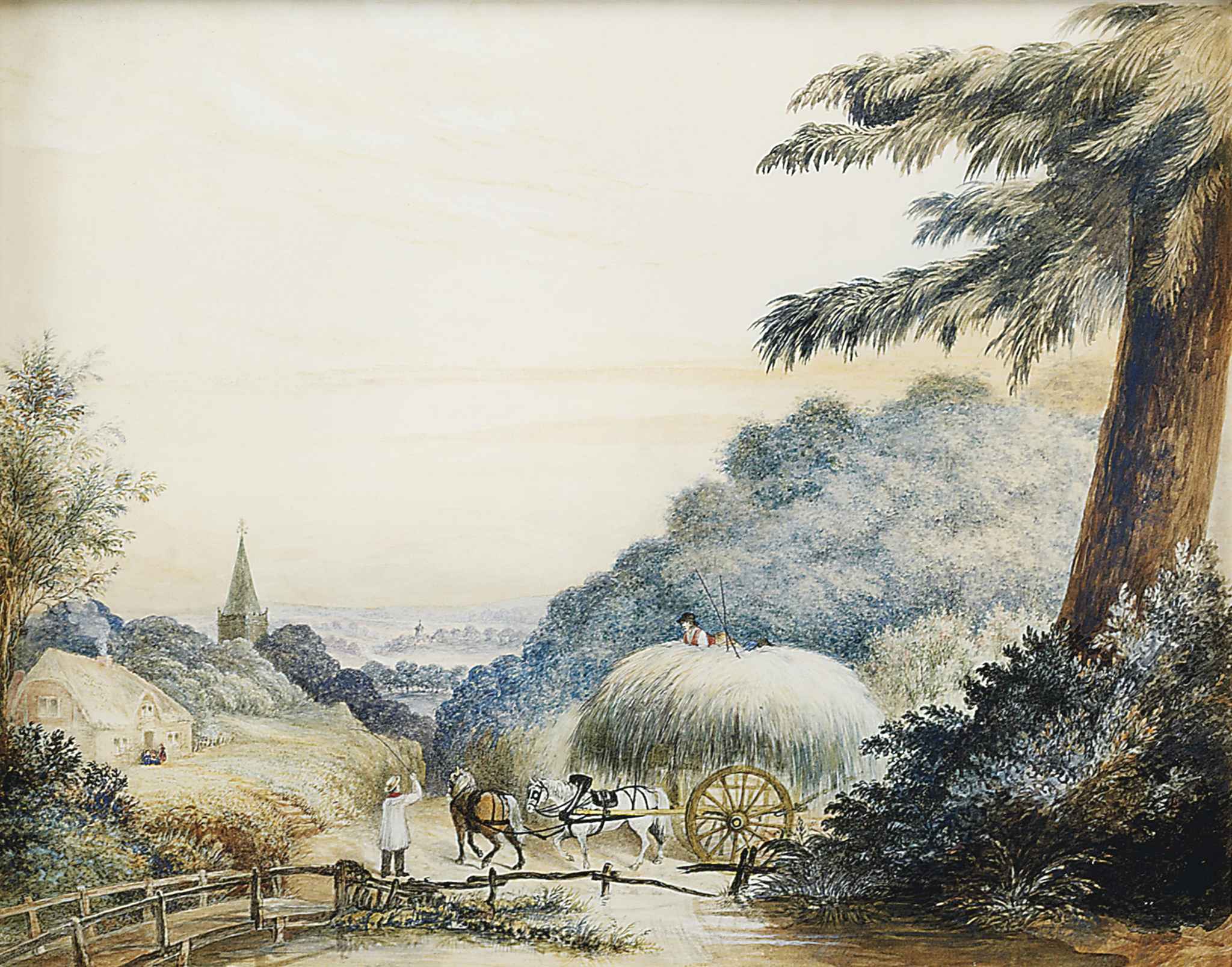 John Constable — Повозка с сеном на проселочной дороге, церковь за ней.